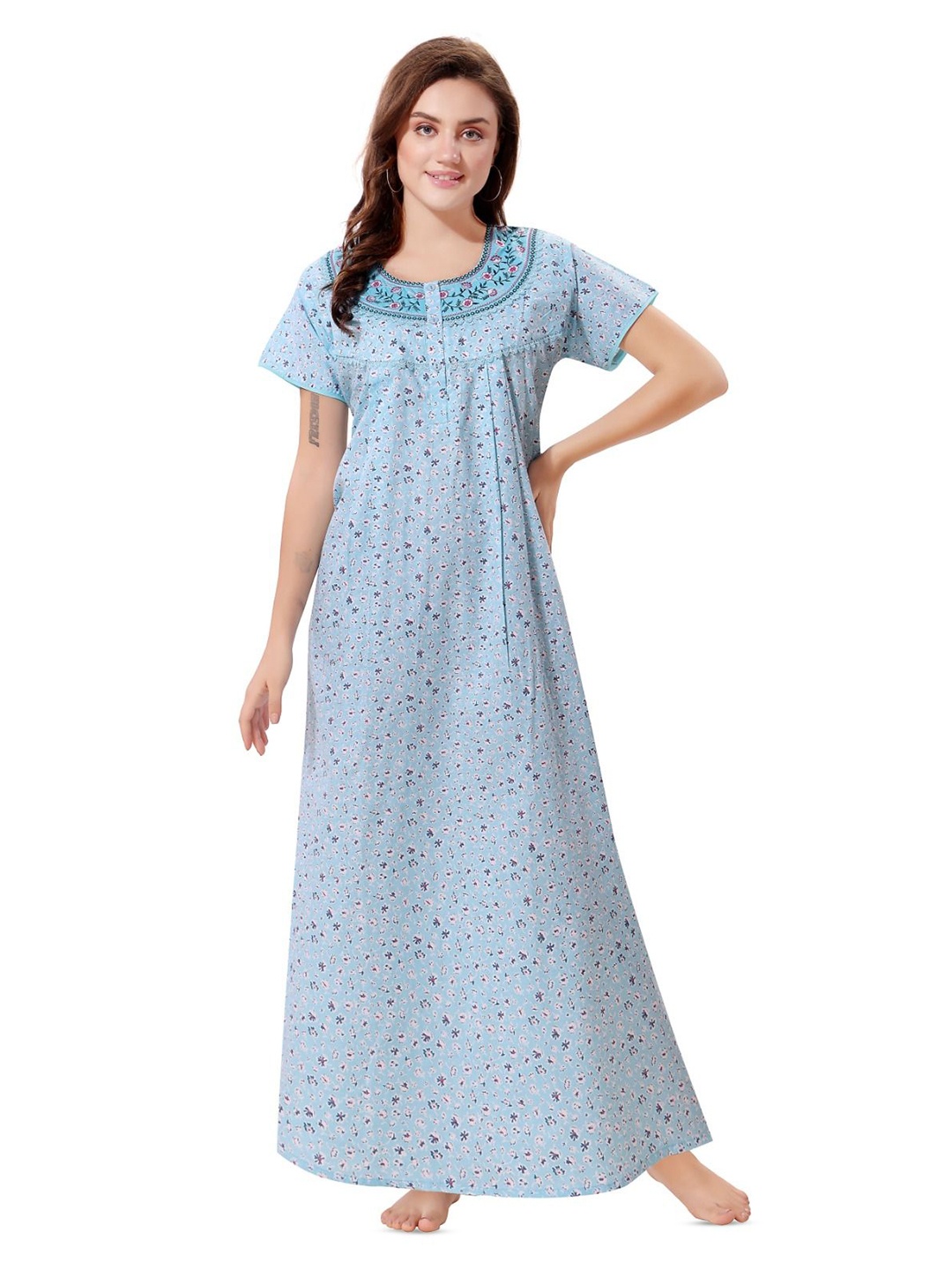 

Soulemo Women Printed Pure Cotton Maxi Nightdress, Blue
