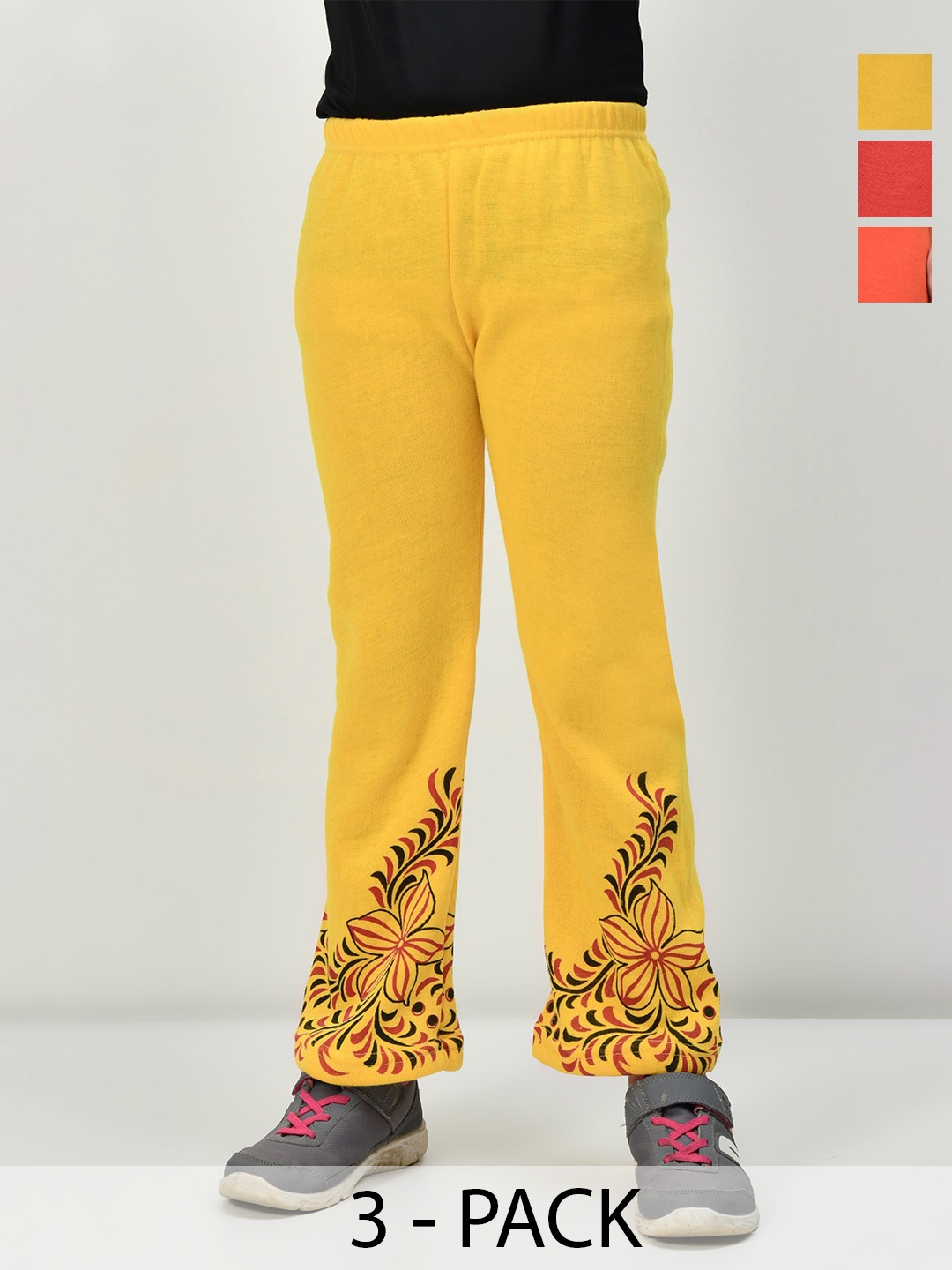 

BAESD Pack of 3 Girls Floral Printed Knitted Palazzos, Yellow
