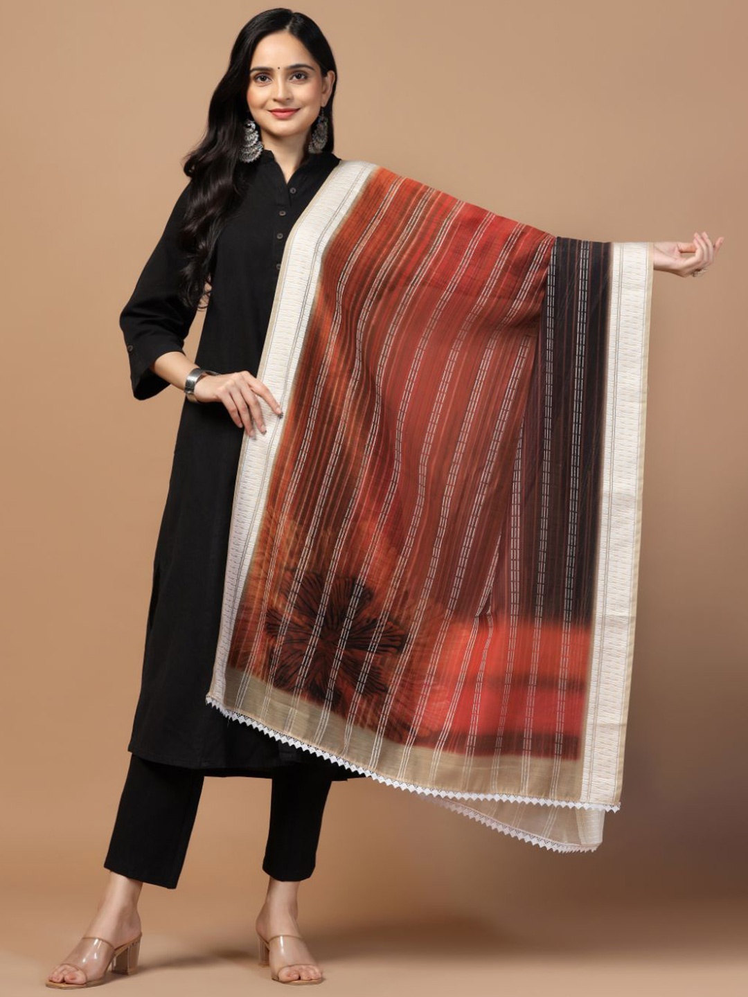 

Kaizen TEXO FAB Floral Printed Cotton Chanderi Dupatta, Red