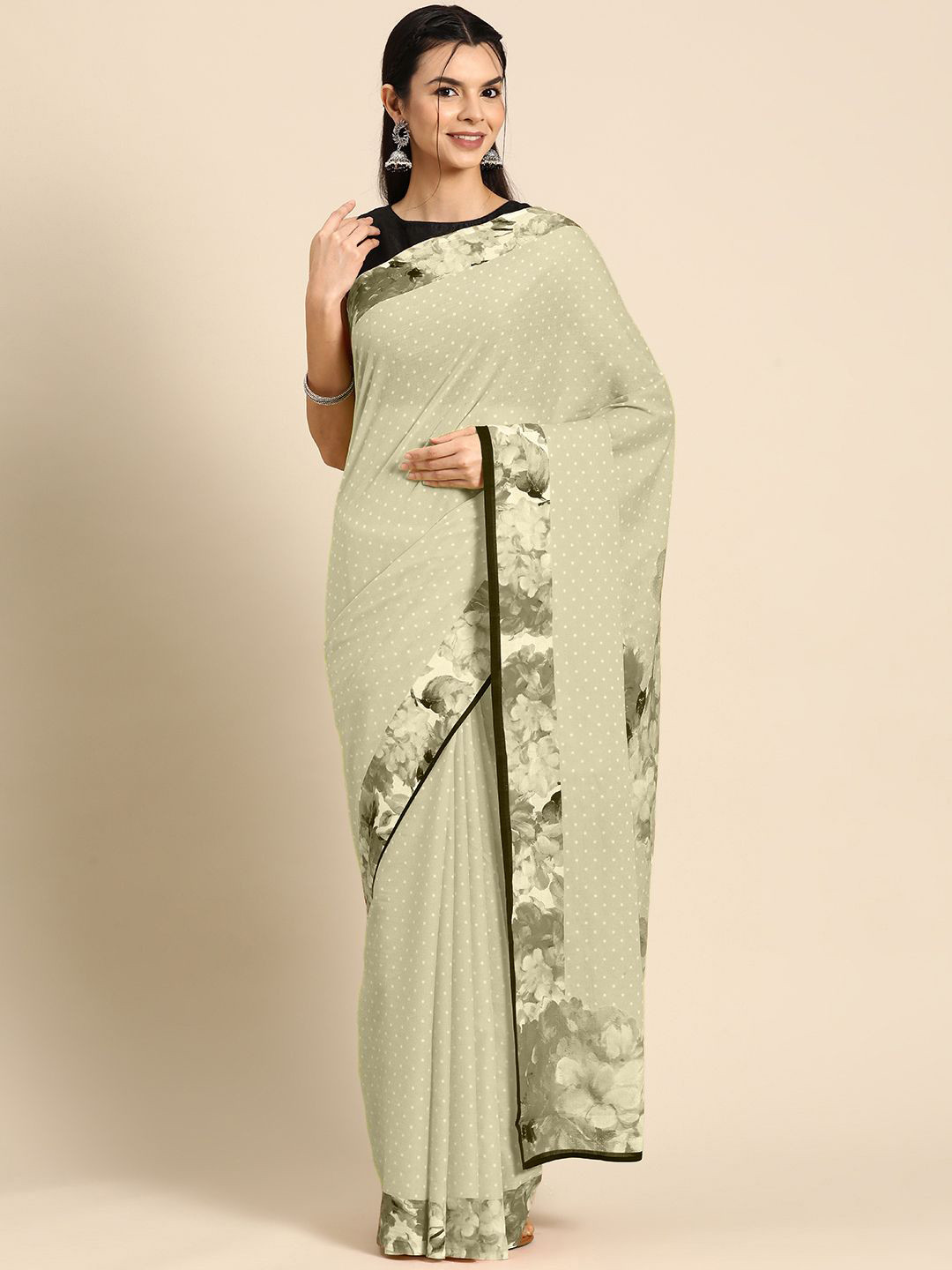 

BUTA BUTI Polka Dot Pure Cotton Saree, Olive