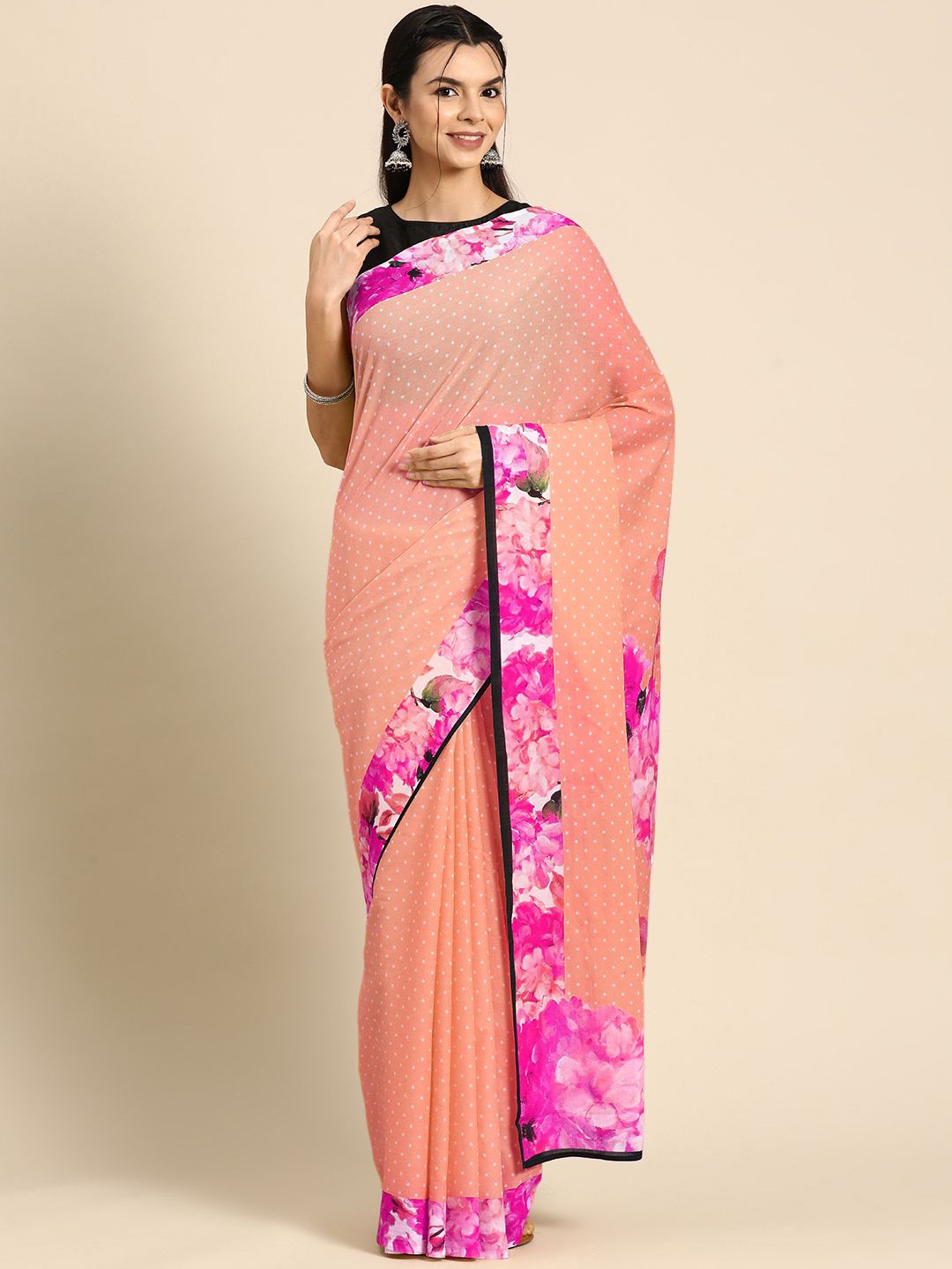 

BUTA BUTI Polka Dot Pure Cotton Saree, Peach