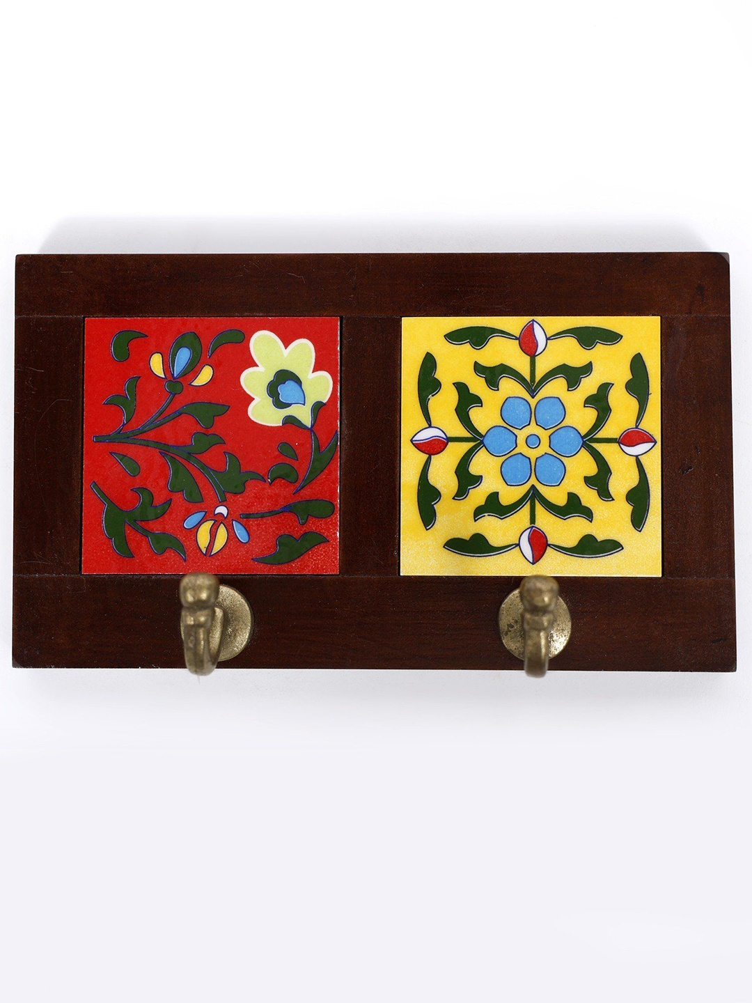 

Exotic India 8" Wood Framed Double Tile Wall Brass Hooks, Brown