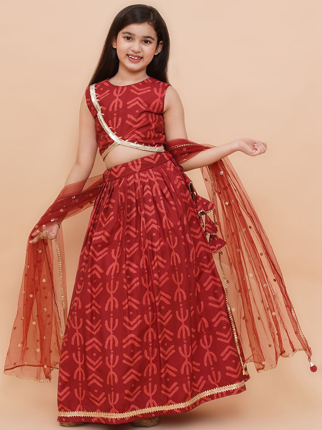 

PICCOLO Girls Printed Cotton Net Ready to Wear Lehenga & Blouse With Dupatta, Red