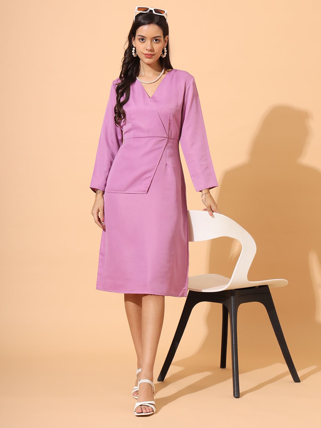 

all about you Long Sleeves Knee Length V-Neck Wrap Dress, Peach