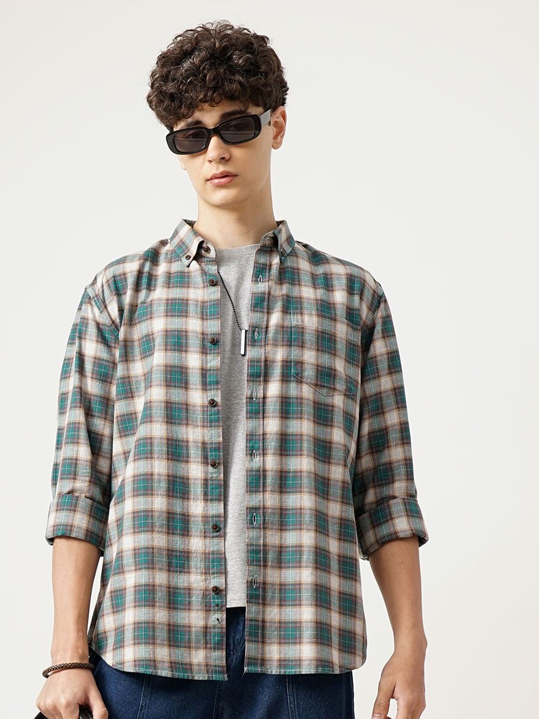 

British Club Men Smart Slim Fit Tartan Checks Opaque Checked Casual Shirt, Green
