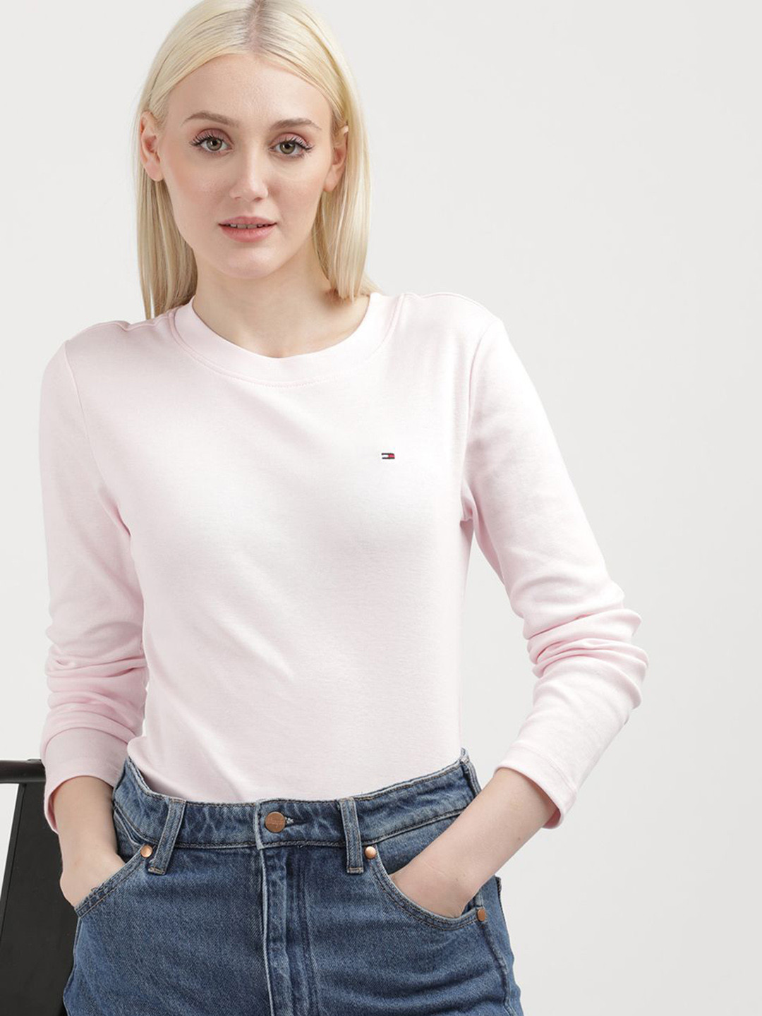 

Tommy Hilfiger Women Solid Round Neck Cotton Slim Fit T-shirt, Pink