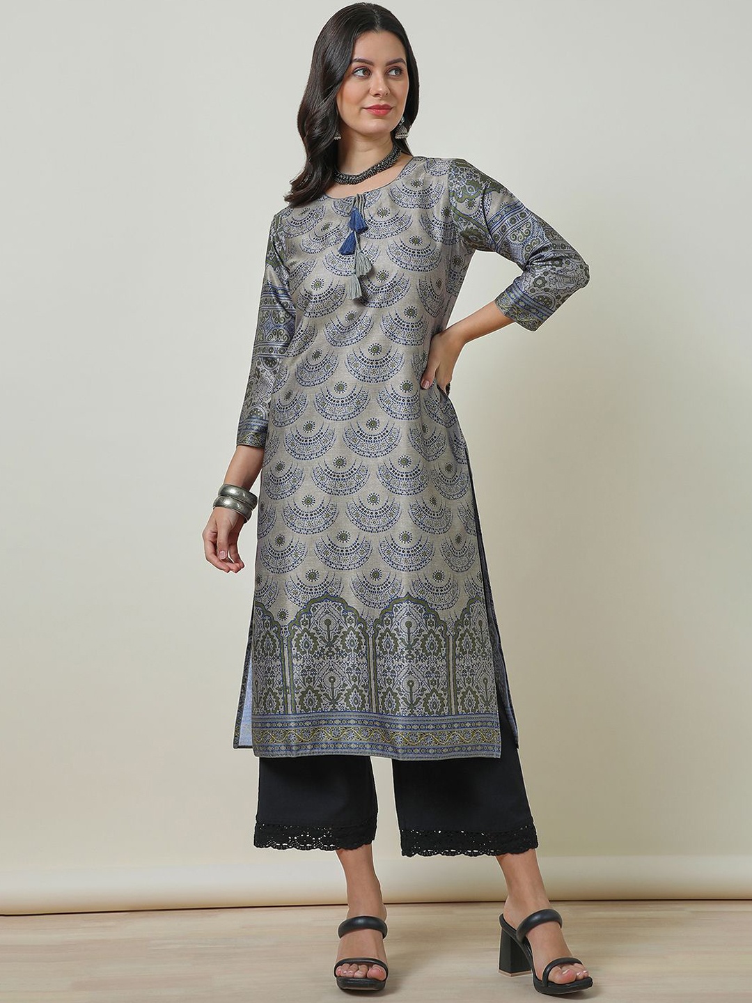 

Soch Ethnic Motifs Printed Tie-Up Neck Straight Kurta, Grey