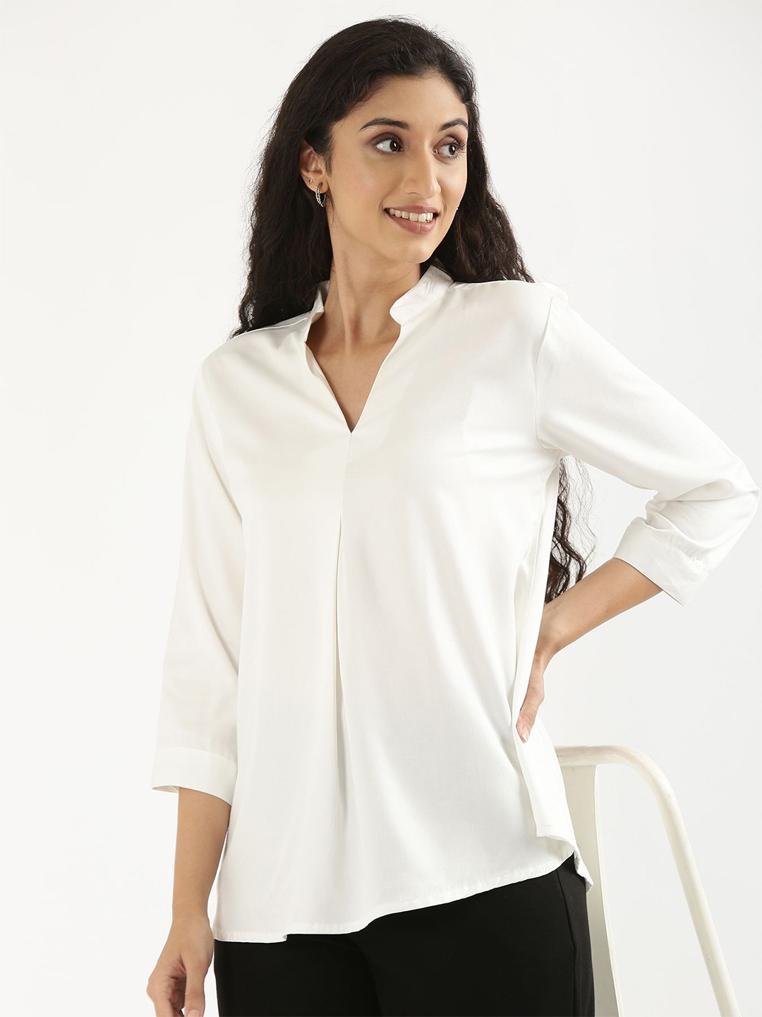 

SAADAA Solid Mandarin Collar Top, White