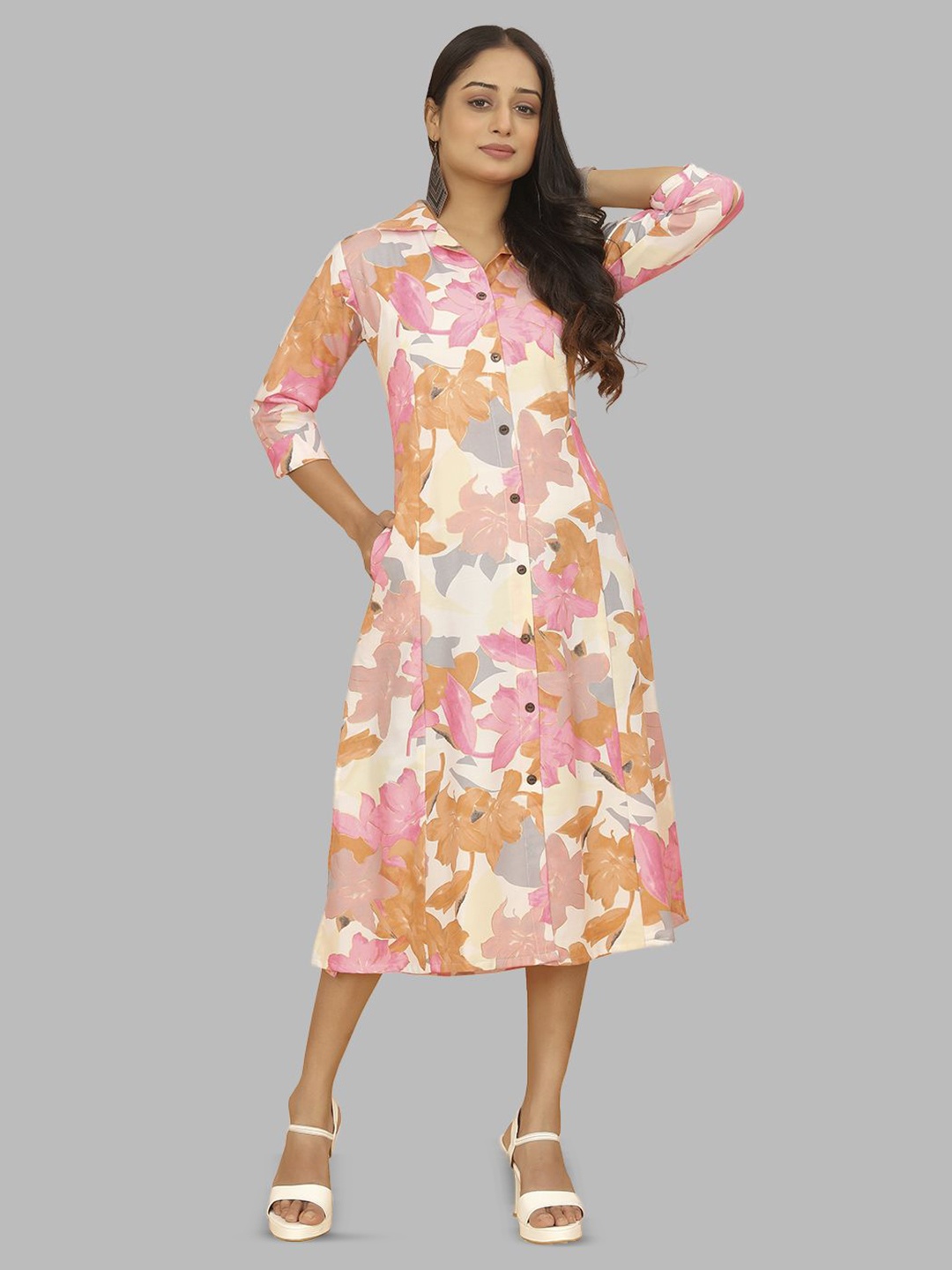 

PEACH PIPER Floral Printed Shirt Collar Shirt Midi Dress, Pink