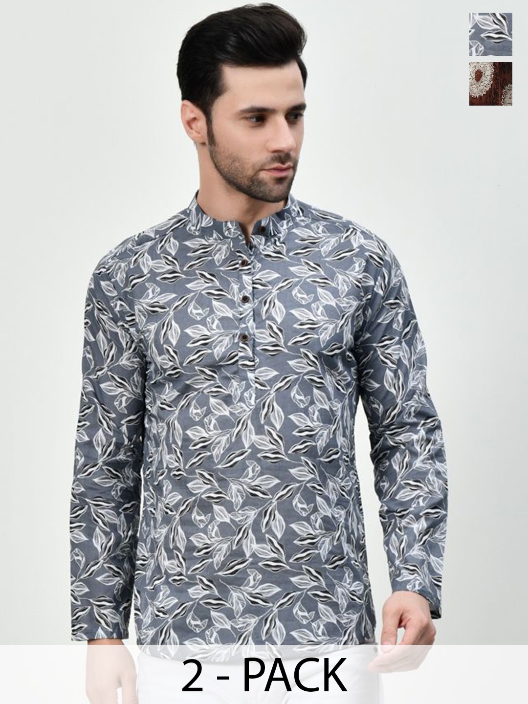 

BAESD Pack of 2 Floral Printed Band Collar Pure Cotton Short Kurta, Grey