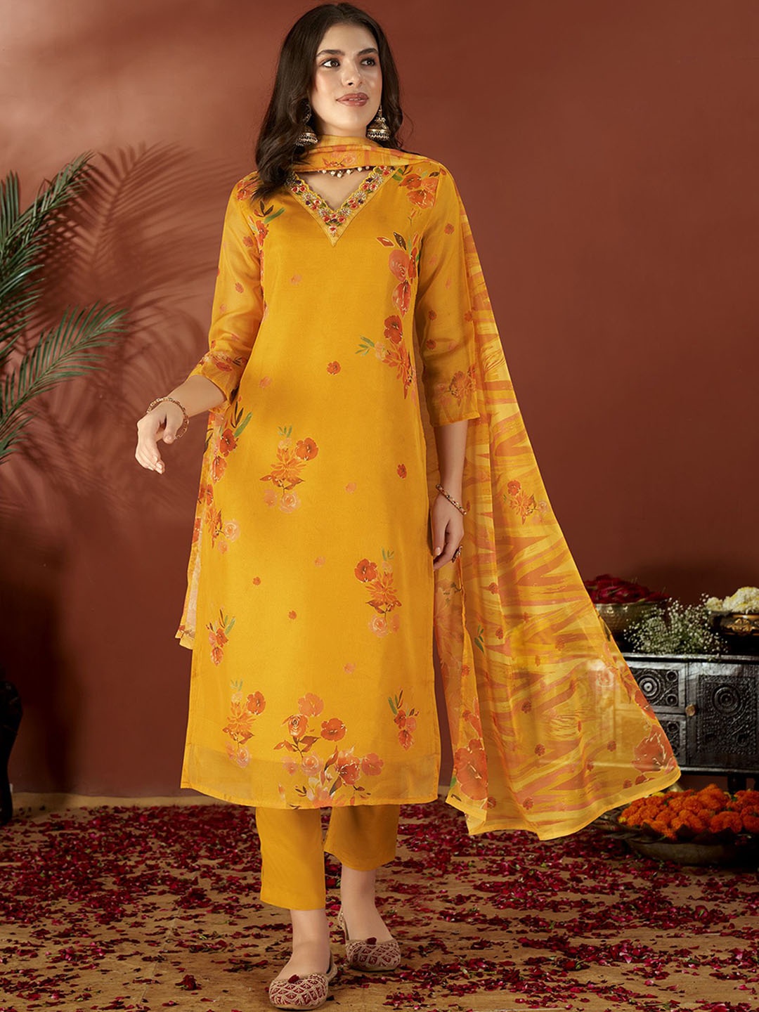 

Anouk Floral Printed Regular Thread Work Straight Kurta With Trousers & Dupatta, Mustard