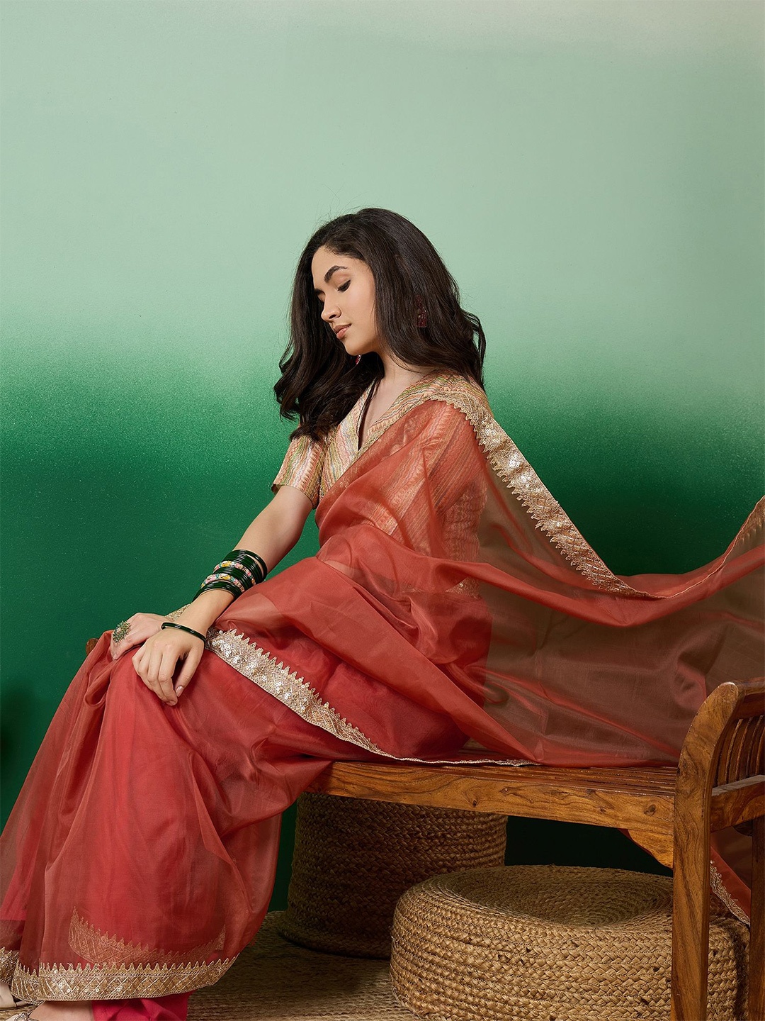 

Sangria Embroidered Saree With Blouse Piece, Rust