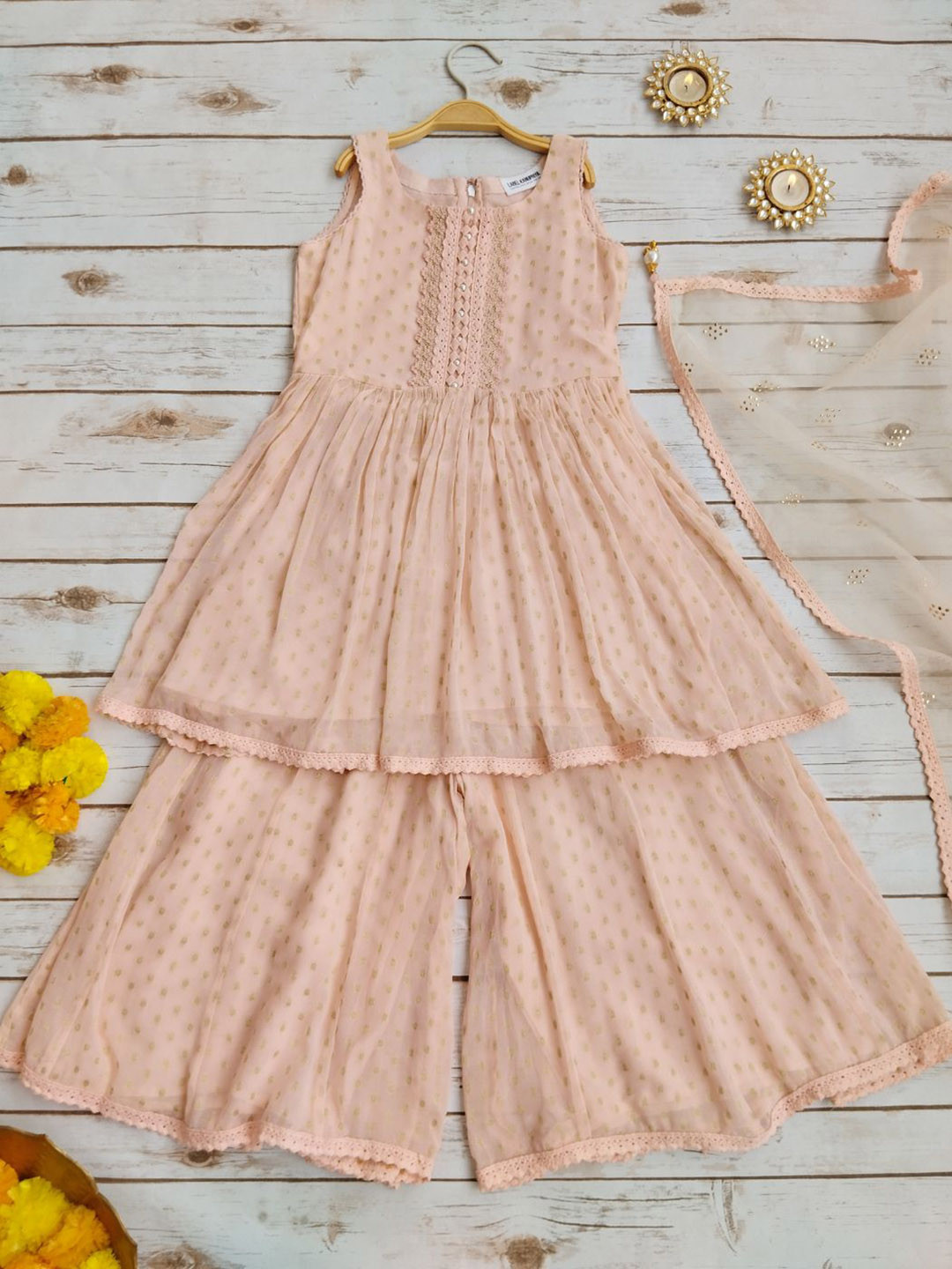 

LABEL KANUPRIYA Girls Abstract Pleated Beads and Stones Kurta with Sharara & Dupatta, Pink