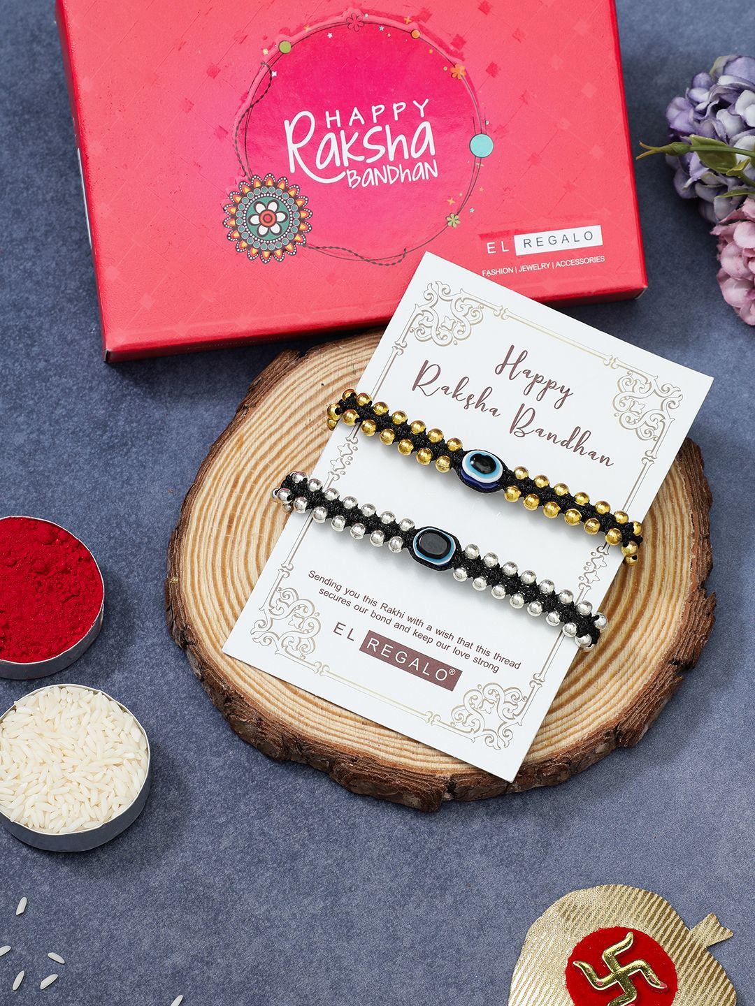 

EL REGALO Set of 2 Evil Eye Beaded Thread Rakhis, Black