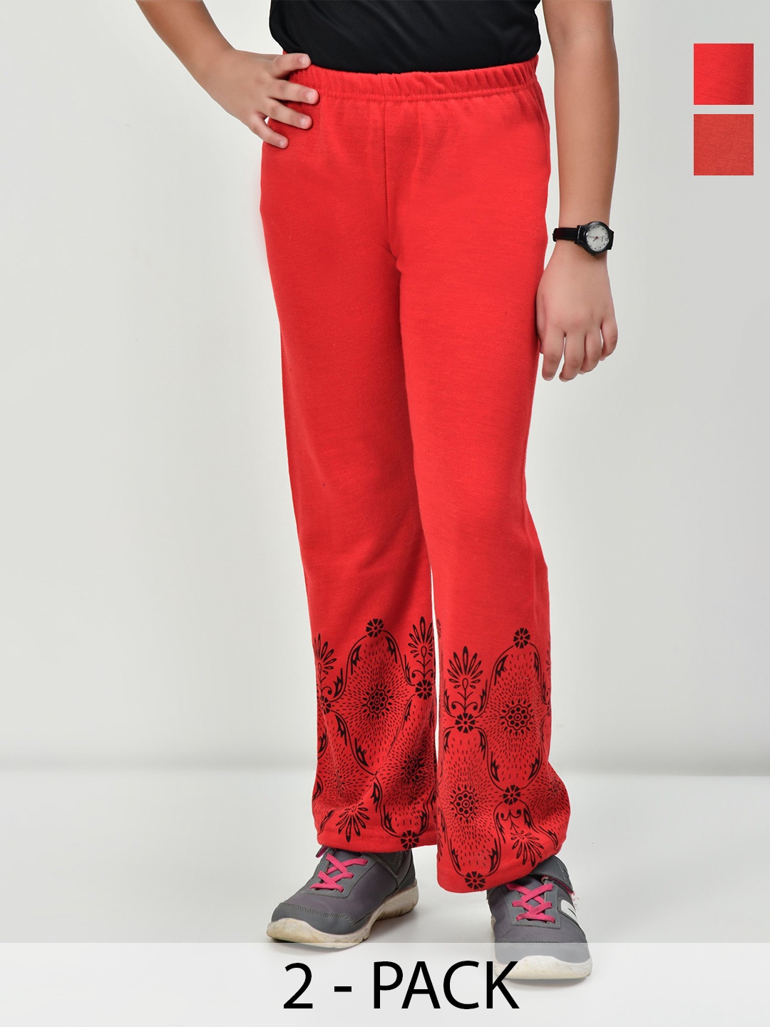 

BAESD Pack Of 2 Girls Printed Knitted Palazzos, Red