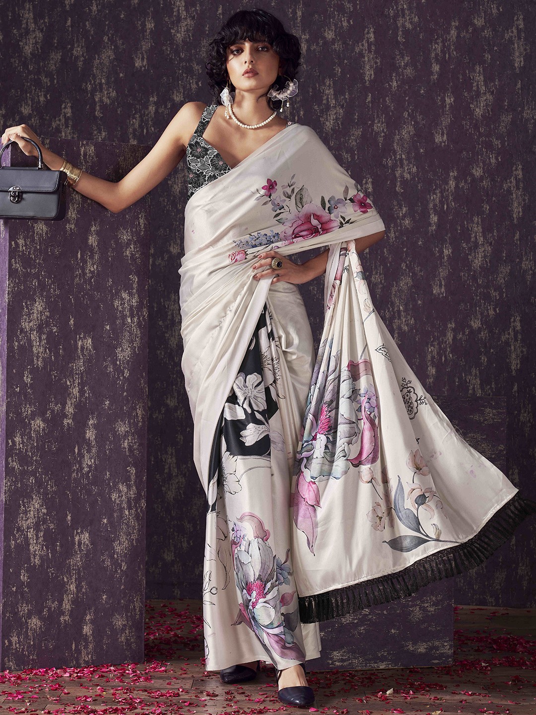 

Tikhi Imli Floral Satin Saree, White