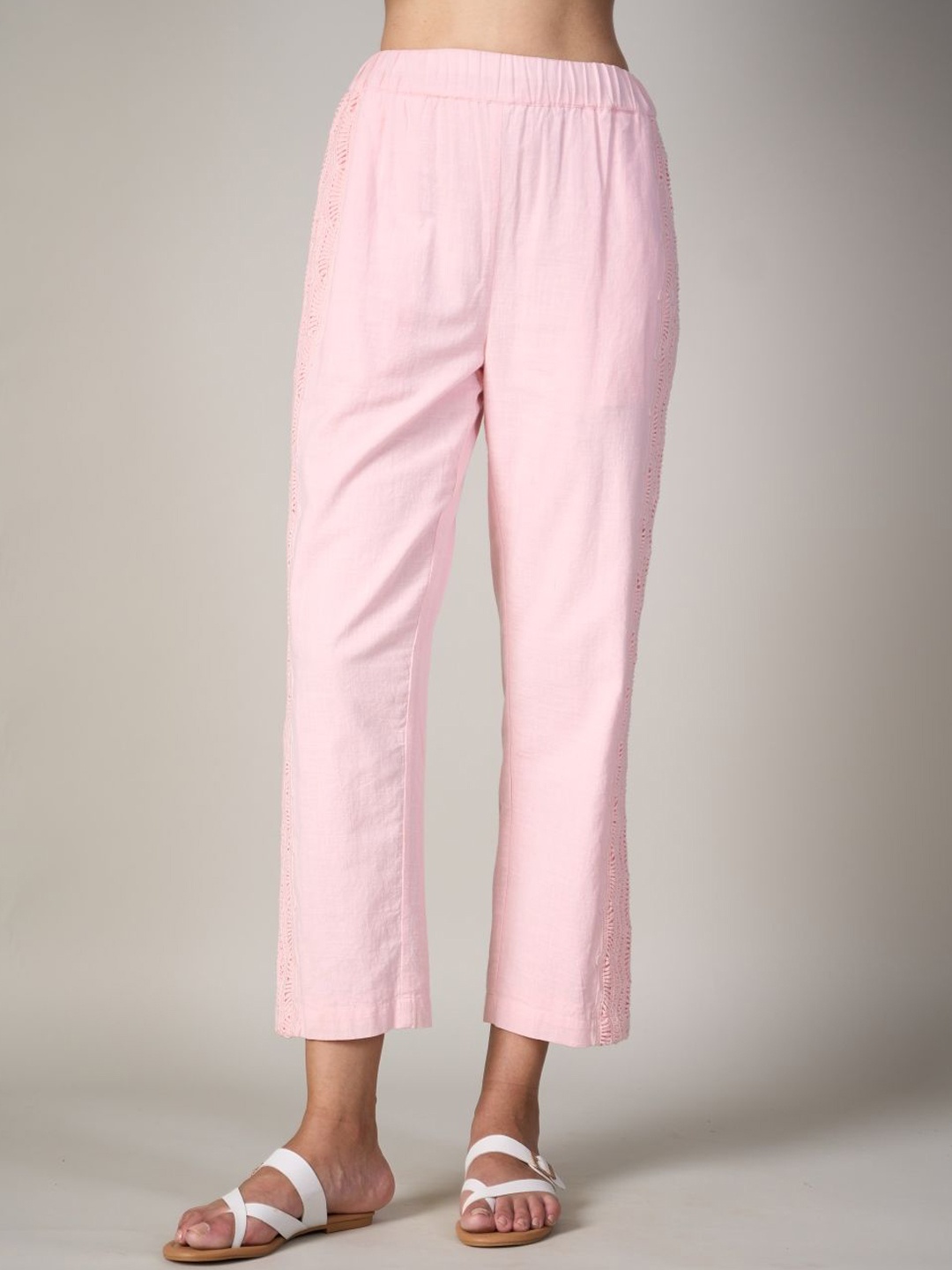 

Style Island Women Relaxed Fit Pure Cotton High Rise Trousers, Pink