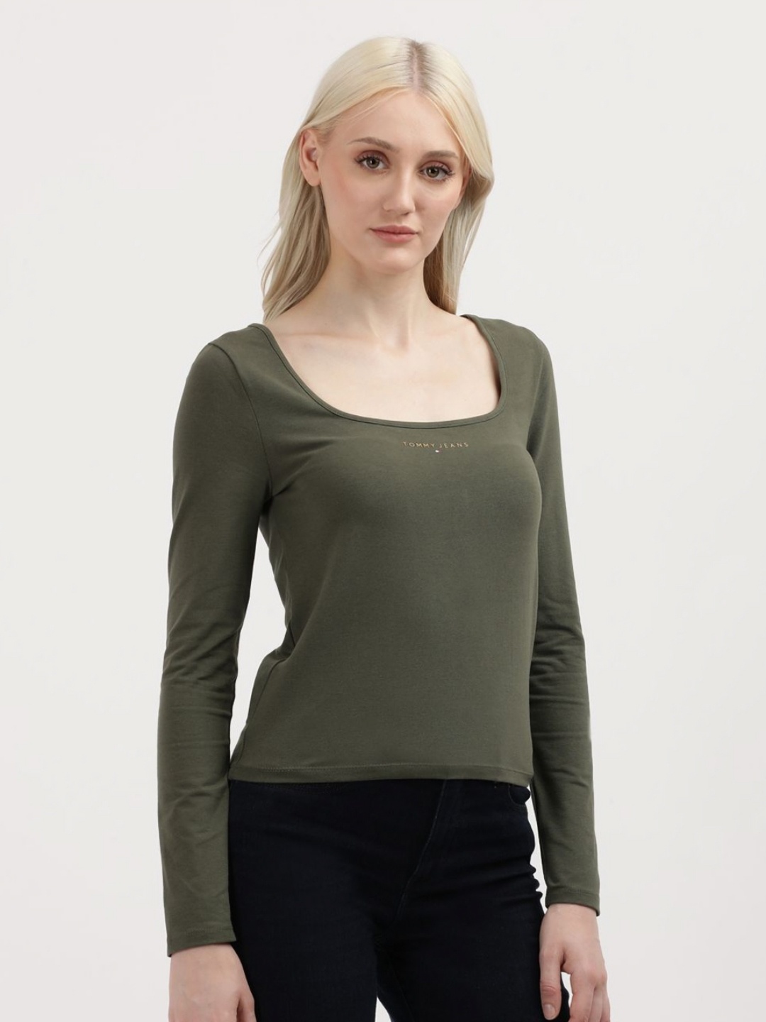 

Tommy Hilfiger Women Solid Scoop Neck Cotton Slim Fit T-shirt, Green
