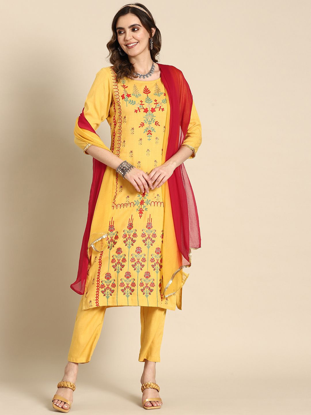 

all about you Ethnic Motifs Printed Pure Cotton Straight Kurta With Trousers & Dupatta, Yellow