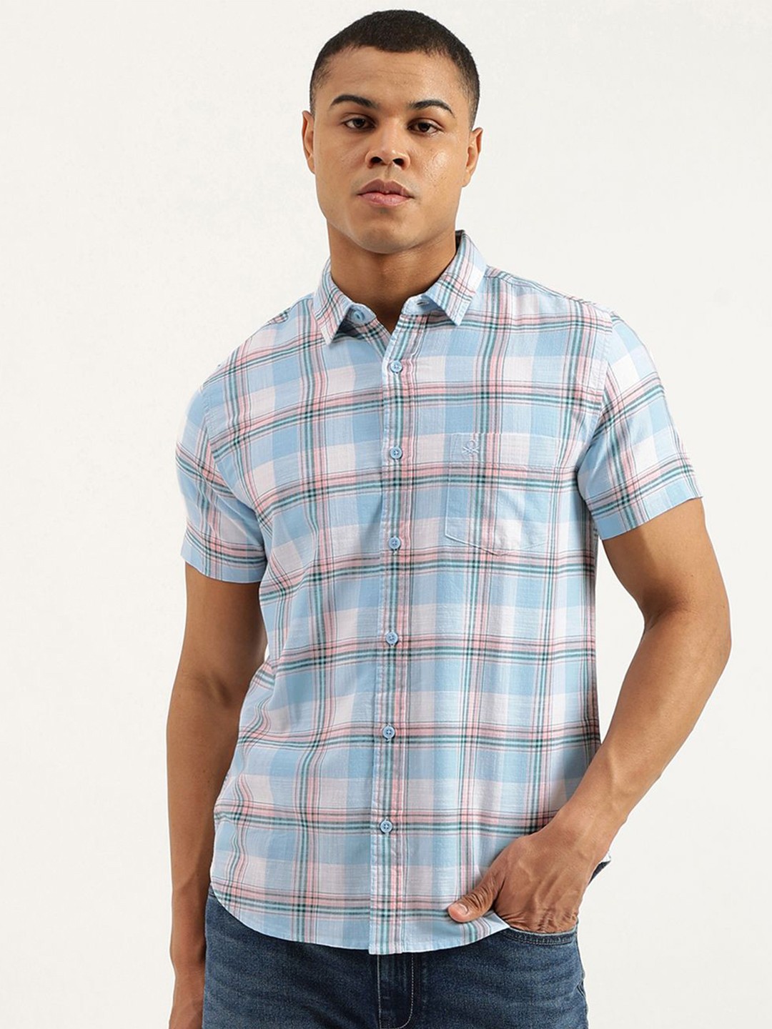 

United Colors of Benetton Men Tartan Checks Opaque Checked Casual Shirt, Blue