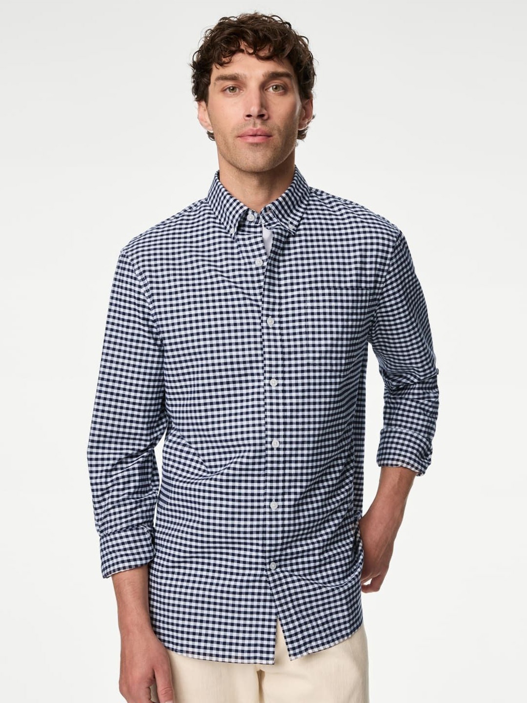

Marks & Spencer Men Gingham Checks Opaque Checked Casual Shirt, Navy blue