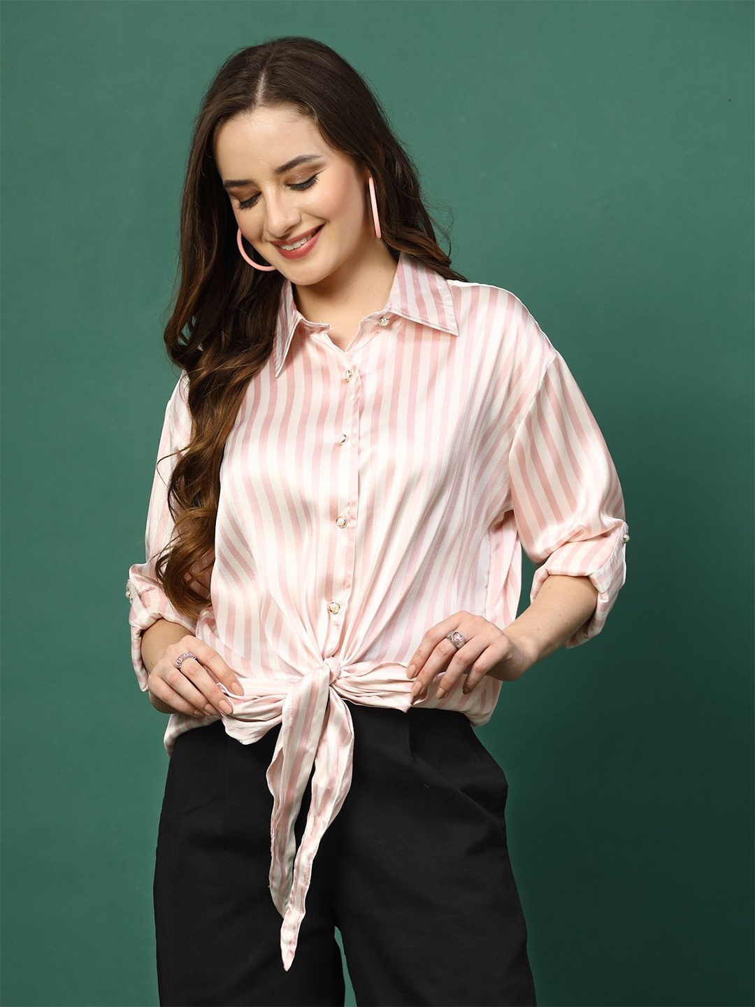 

plusS Women Opaque Striped Casual Shirt, Pink