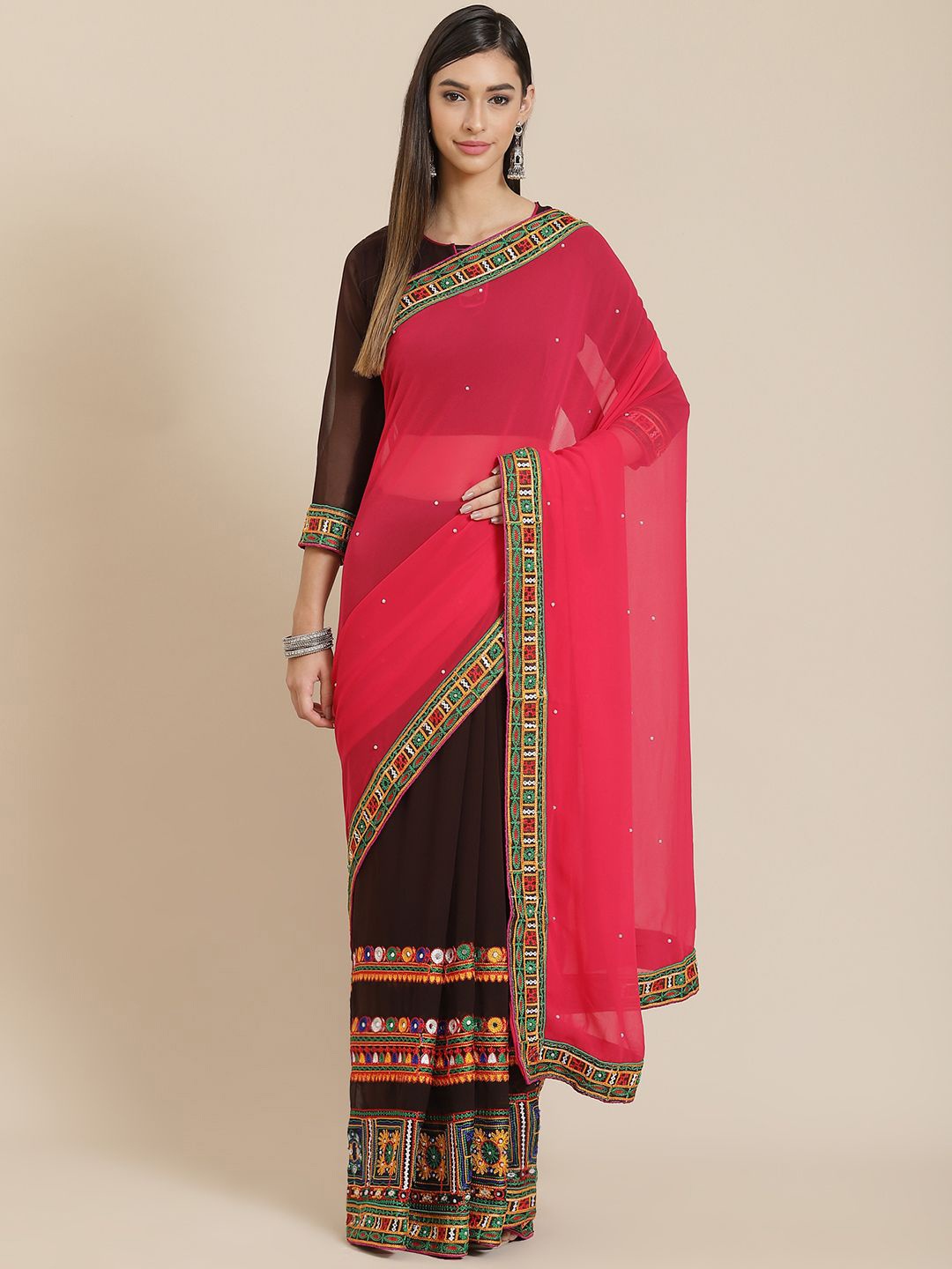 

KALINI Embellished Embroidered Pure Georgette Saree, Pink