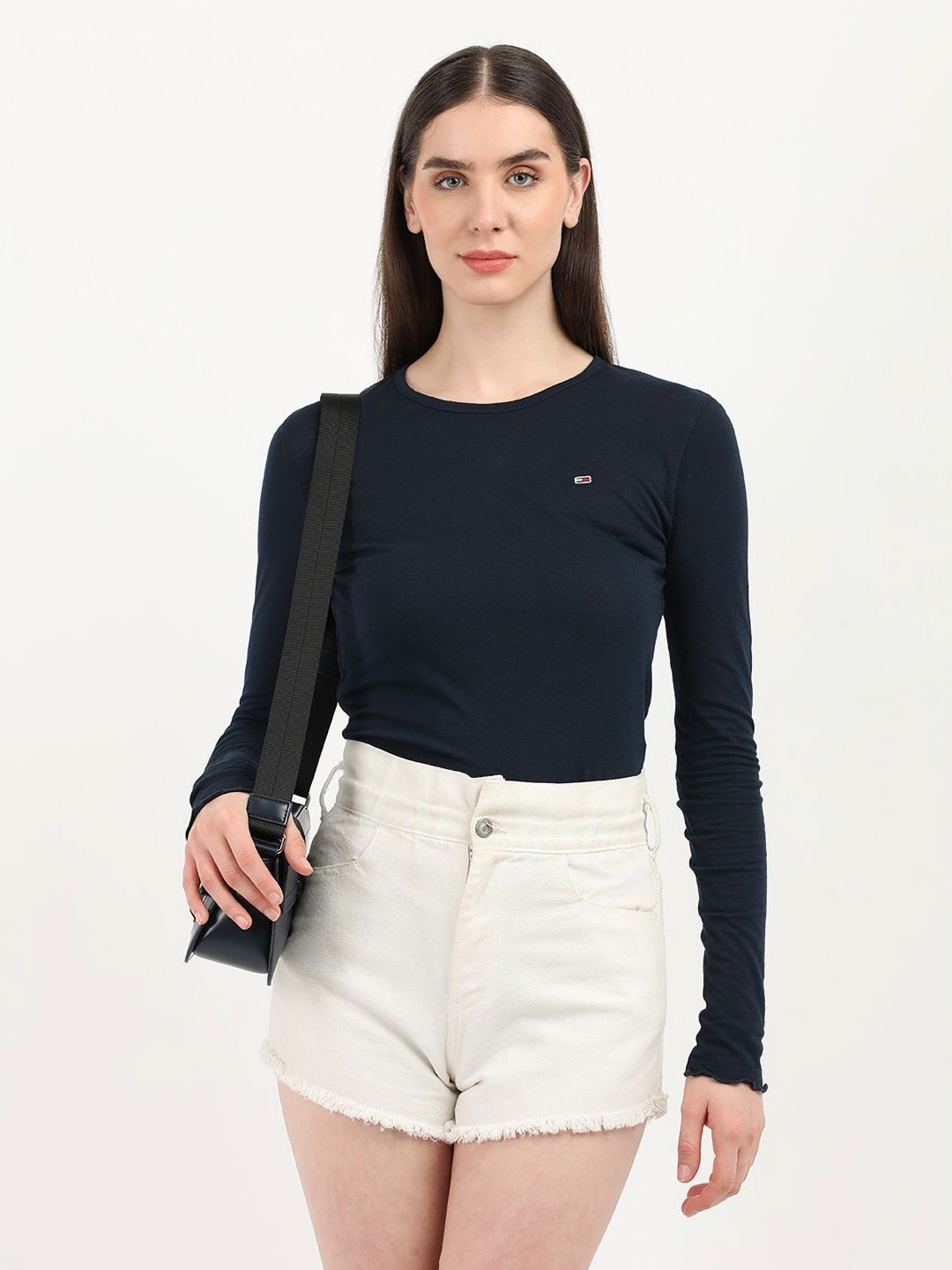 

Tommy Hilfiger Women Solid Round Neck Cotton Slim Fit T-shirt, Navy blue