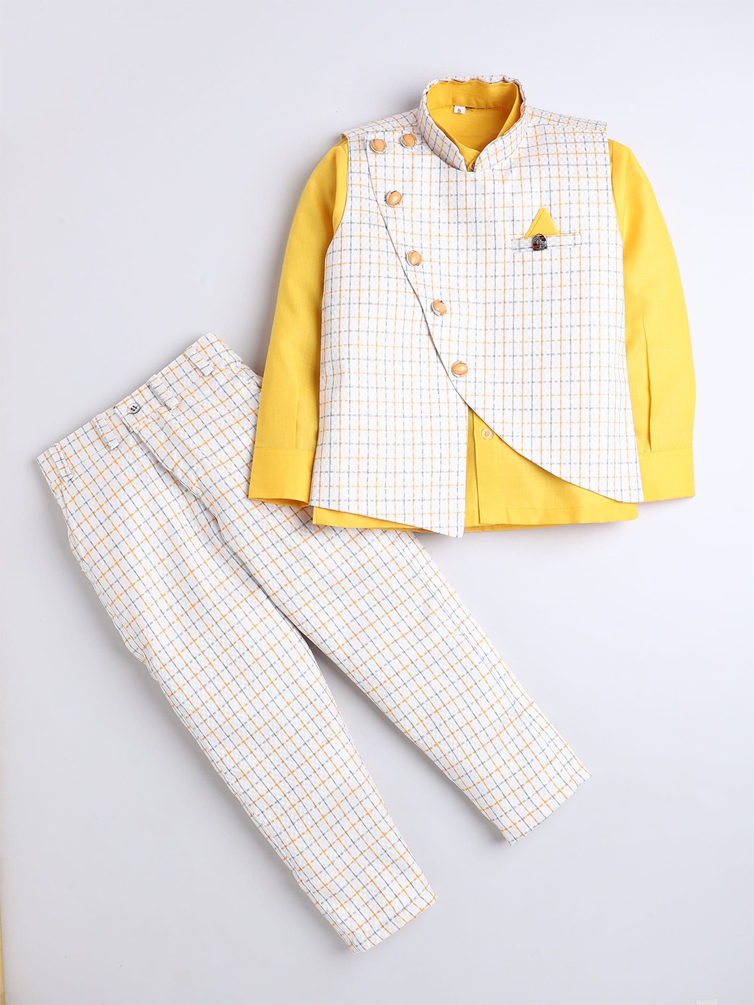 

BAESD Boys Checked Mandarin Collar Shirt & Waistcoat With Trousers, Yellow