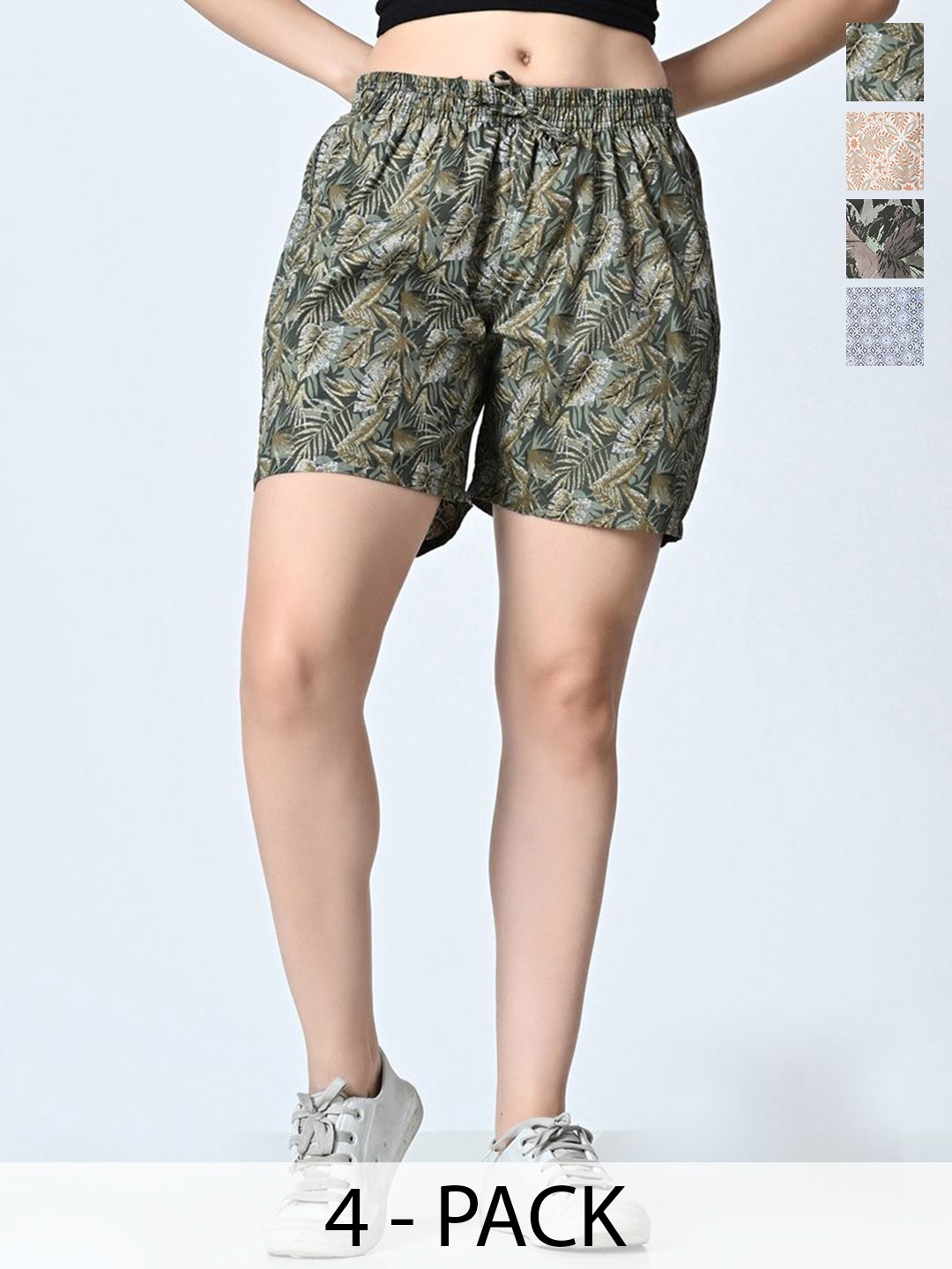 

BAESD Pack of 4 Women Pure Cotton Printed High-Rise Shorts, Olive