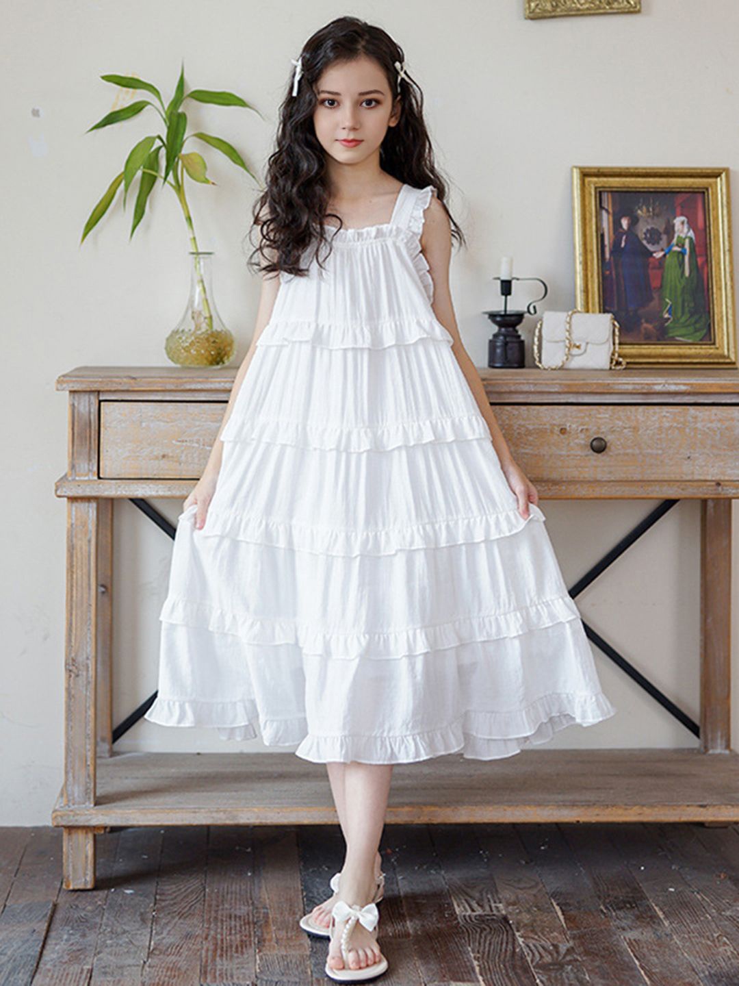 

INCLUD Girls A-Line Midi Ruffles Dress, White