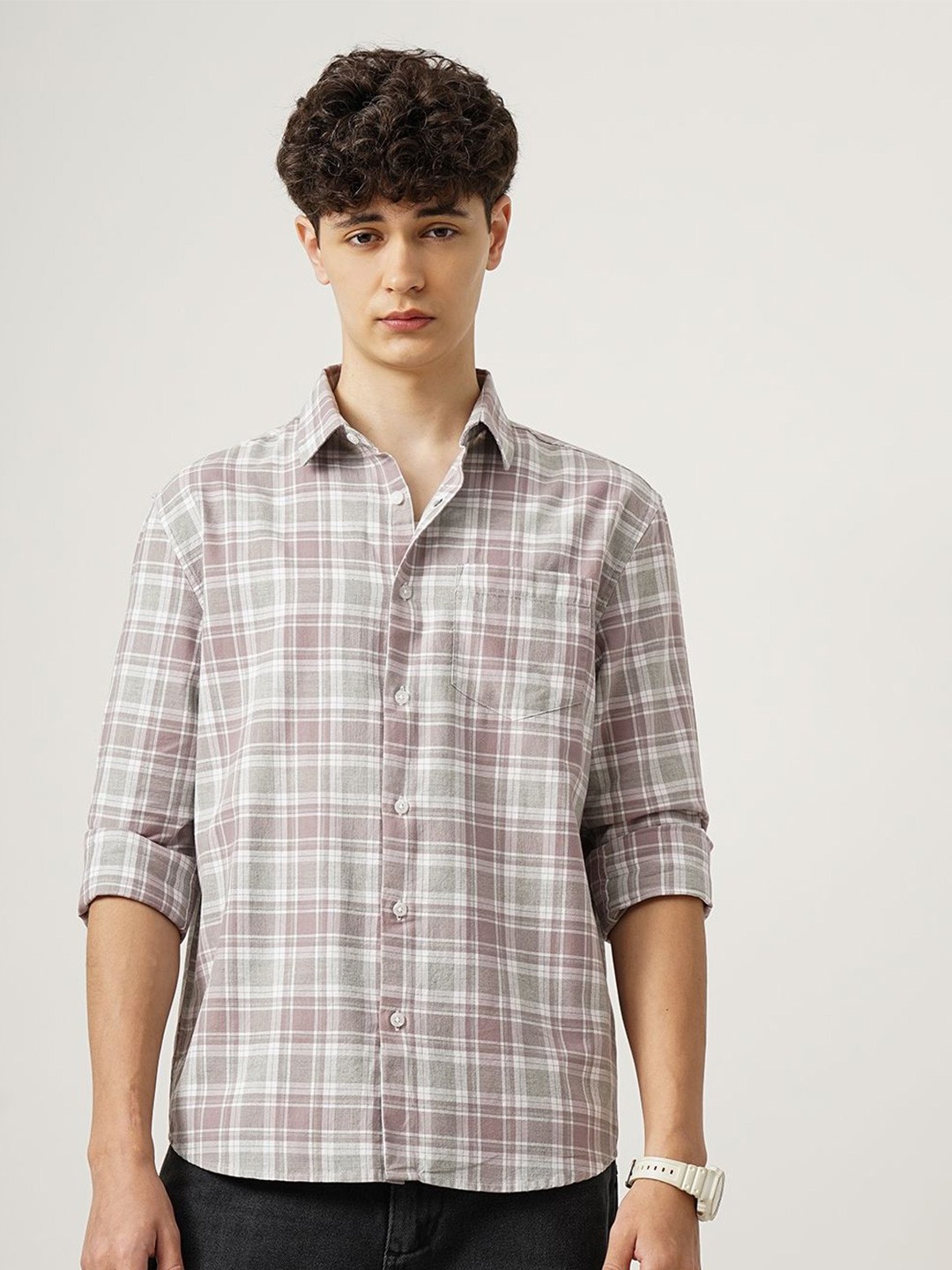 

British Club Men Standard Tartan Checks Opaque Checked Casual Shirt, Mauve