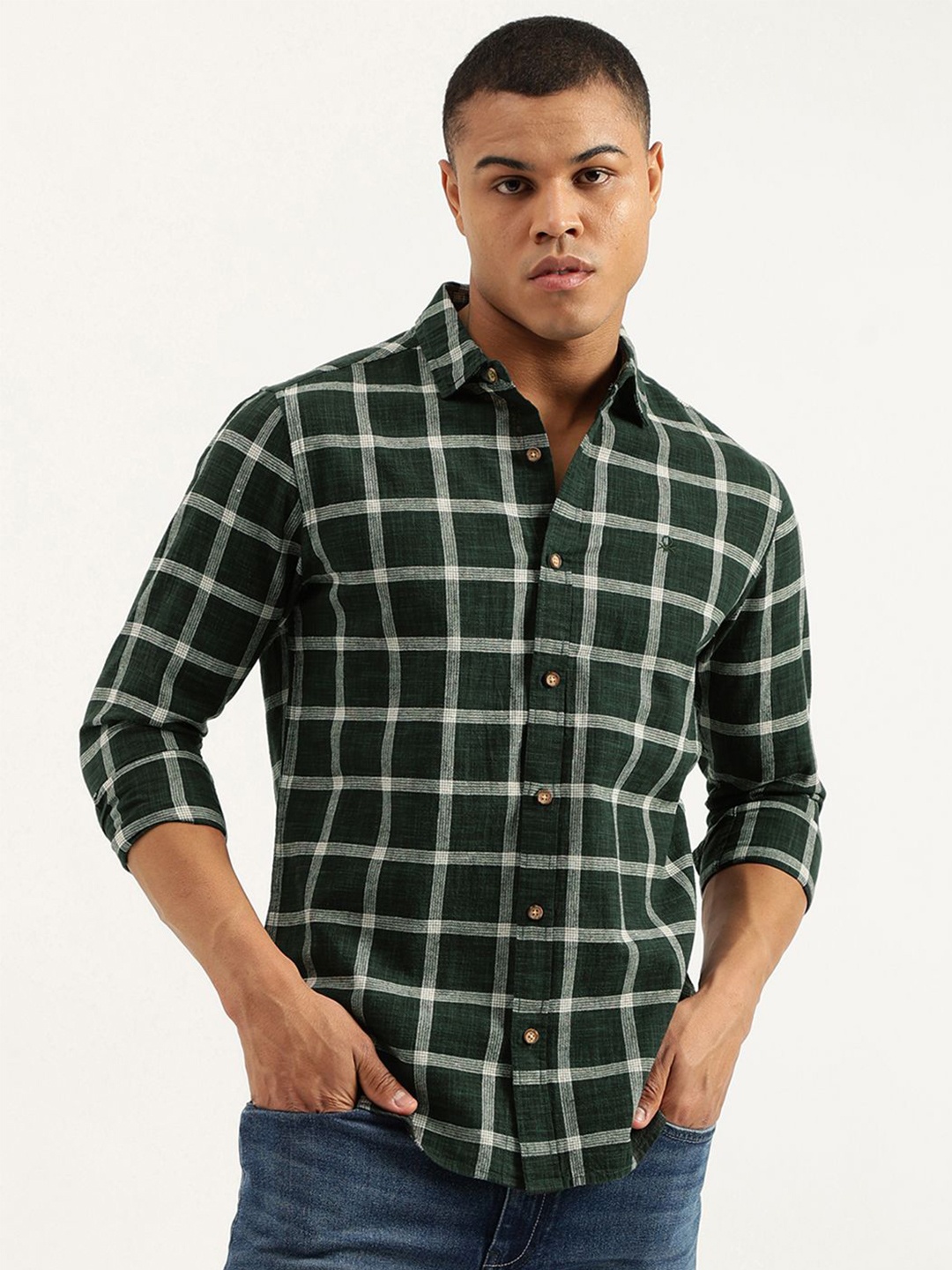 

United Colors of Benetton Men Tartan Checks Opaque Checked Casual Shirt, Green