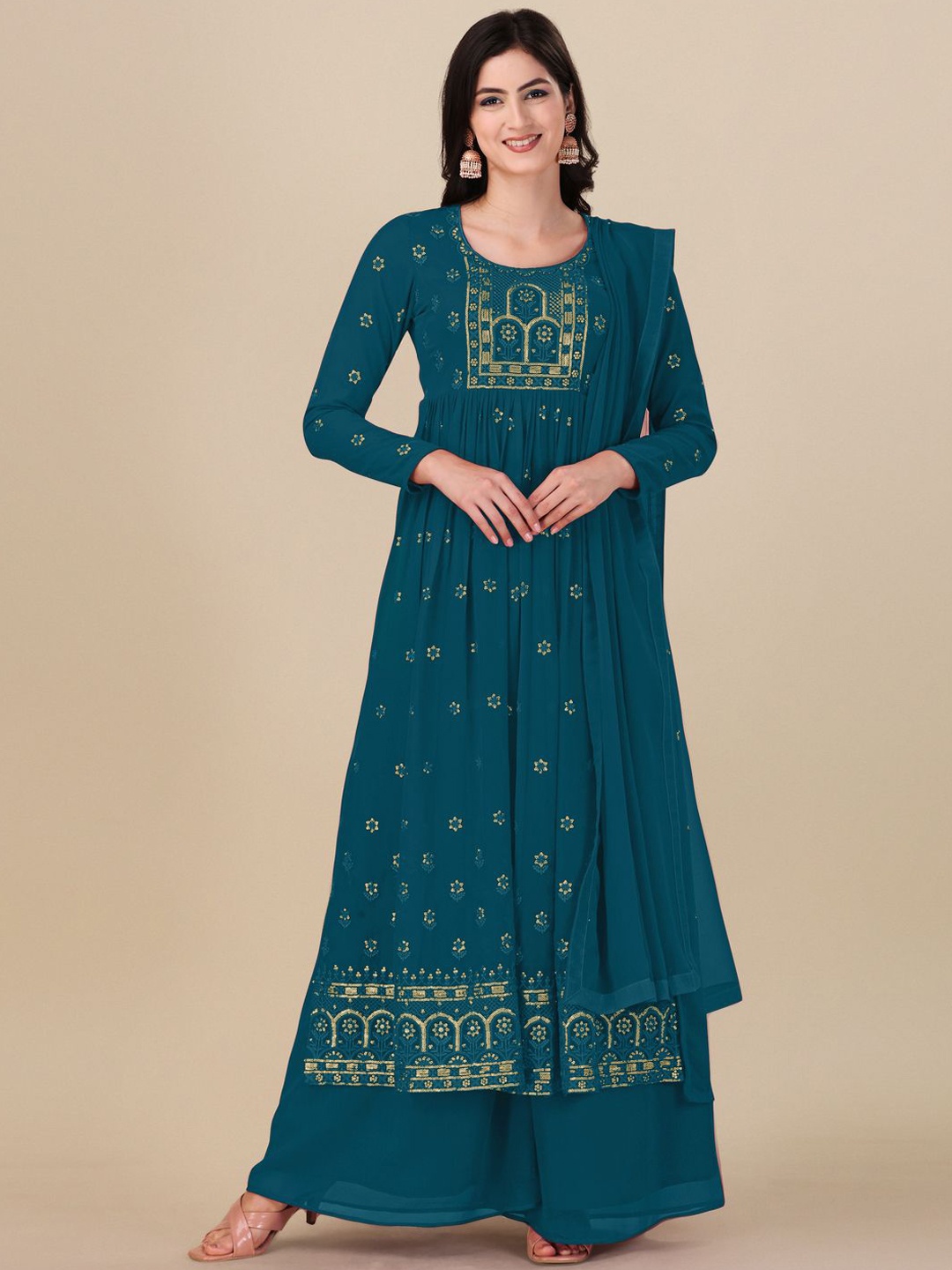 

KALINI Floral Embroidered Semi-Stitched Dress Material, Turquoise blue