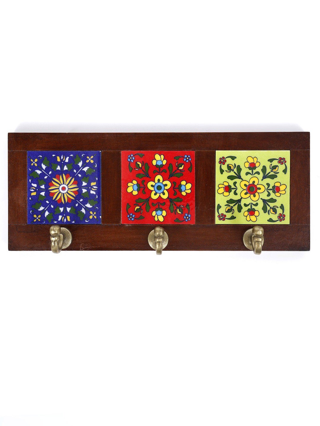 

Exotic India Brass Three in One Floral Design Ceramic Tile Wall Hooks, Blue