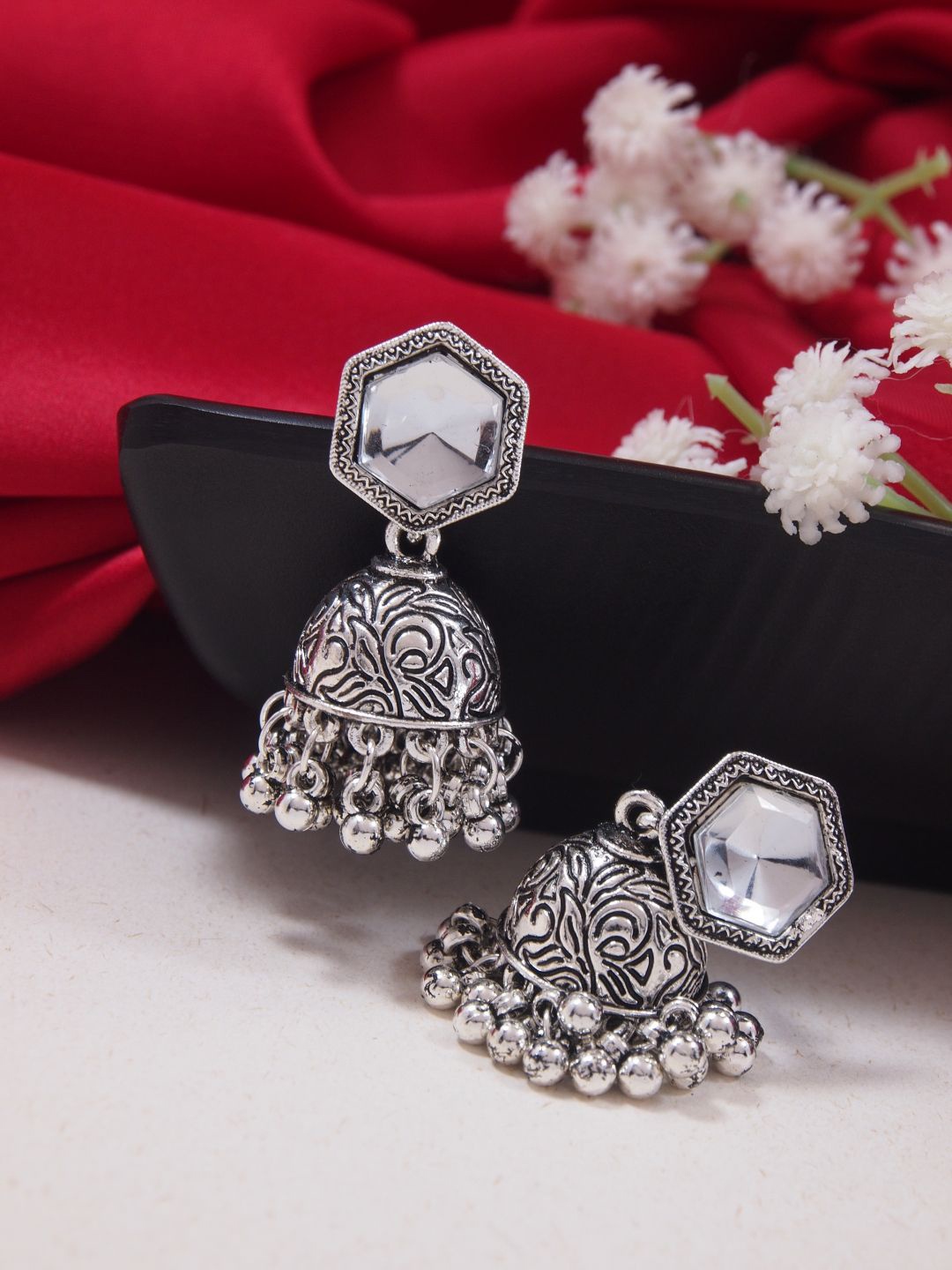 

I Jewels Silver-Plated Boho Oxidised Jhumkas