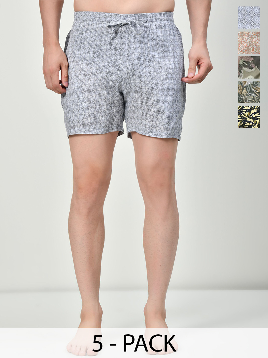 

BAESD Pack Of 5 Men Printed High-Rise Pure Cotton Shorts, Grey