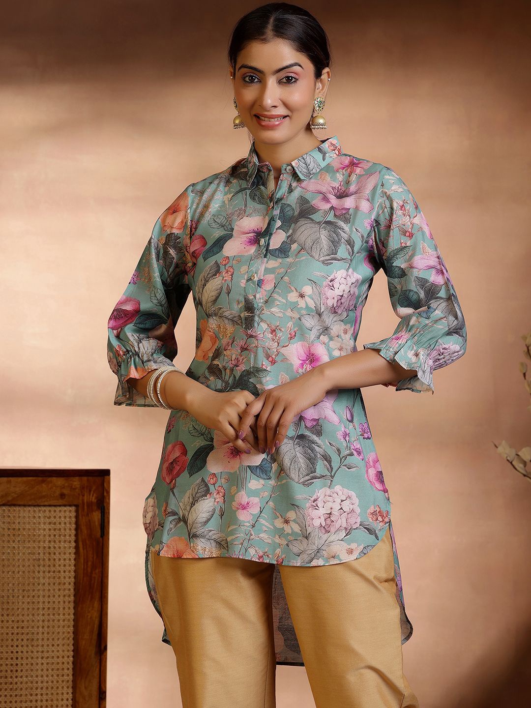 

Libas Floral Printed Shirt Collar Kurti, Sea green