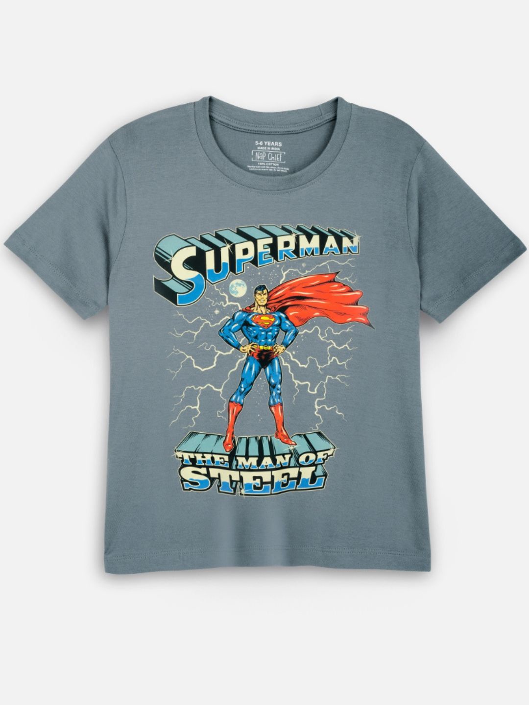 

Nap Chief Kids Unisex Superman Graphic Printed Round Neck Cotton T-shirt, Grey