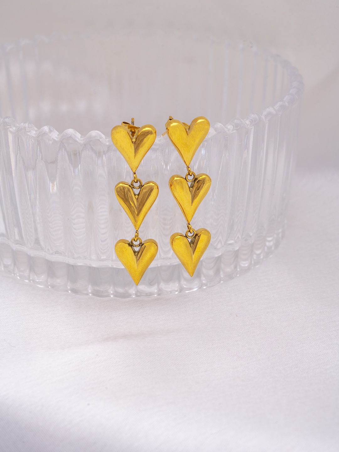 

Perfectly Average Gold-Plated Stainless Steel Triple Heart Shaped Drop Earrings