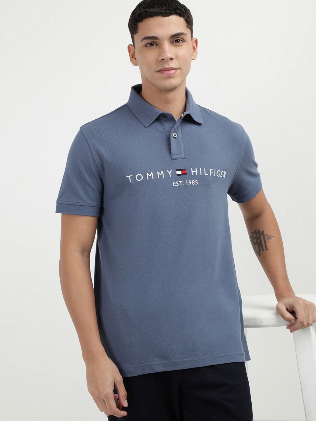 

Tommy Hilfiger Men Printed Polo Collar Cotton T-shirt, Blue