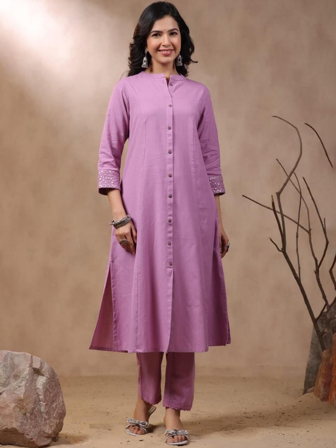 

KALINI Mirror Work Mandarin Collar Pure Cotton Kurta with Trousers, Lavender