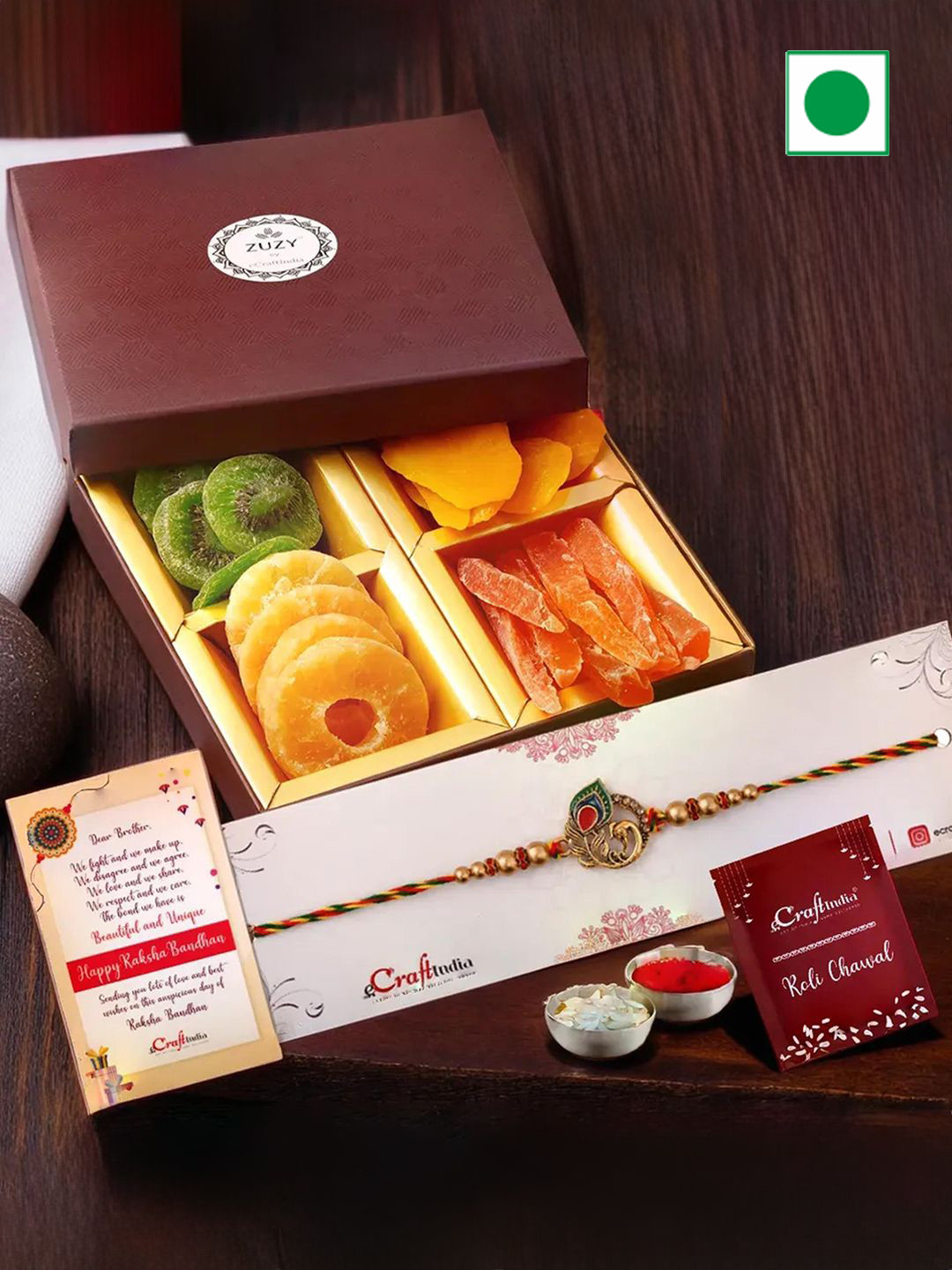 

eCraftIndia Religious Rakhis With Zuzy Dried Fruit Gift Box and Roli Chawal Pack, Red