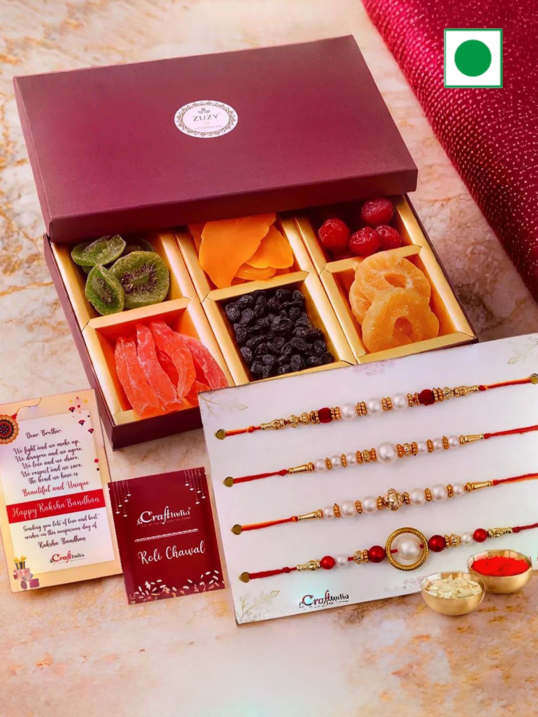 

eCraftIndia Set of 4 Beaded Rakhis with Dry Fruit Box And Roli Chawal, Gold