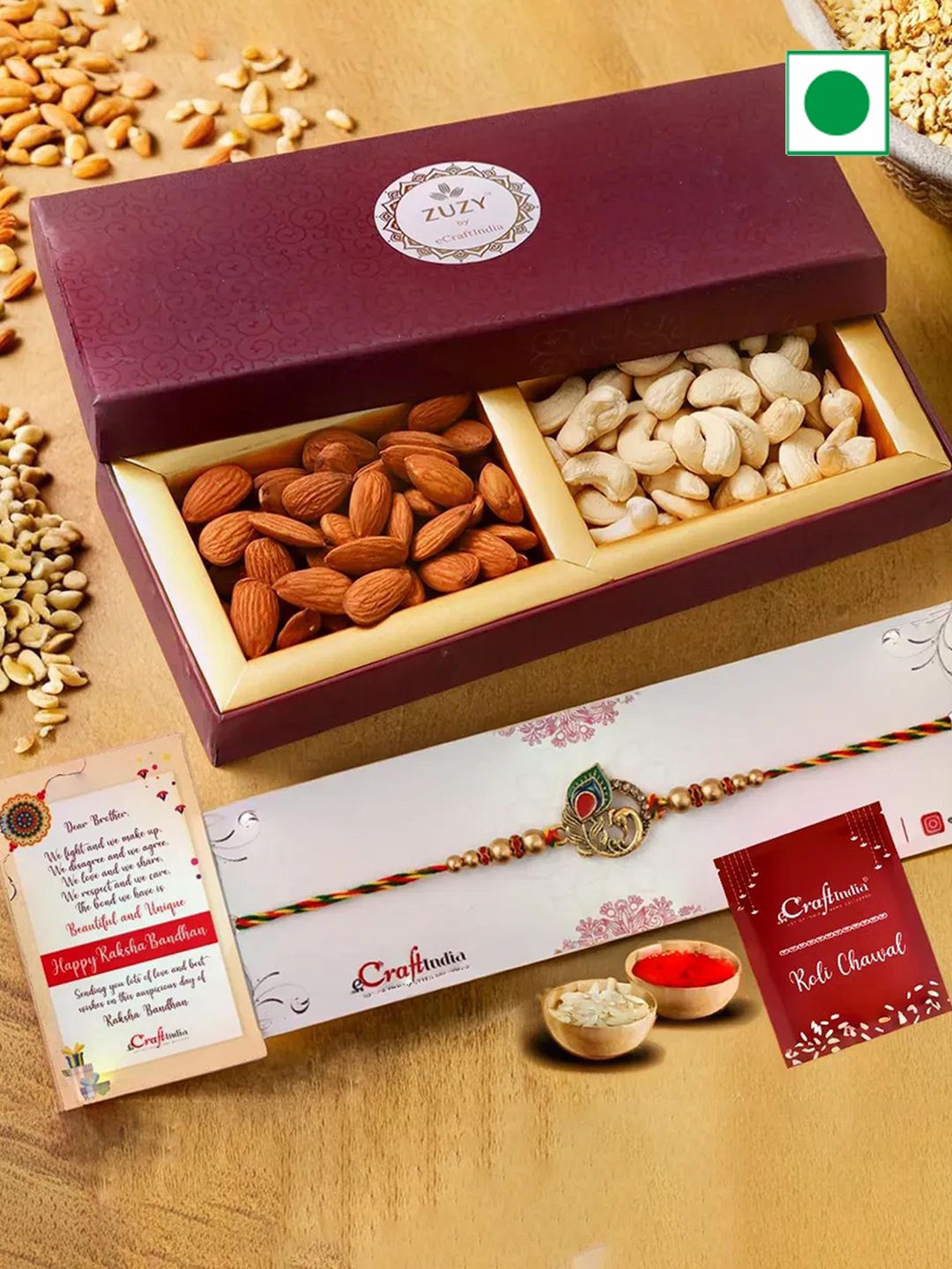 

eCraftIndia Pearl Peacock Designer Rakhi With Cashew Almonds Dry Fruit Box & Roli Chawal, Gold