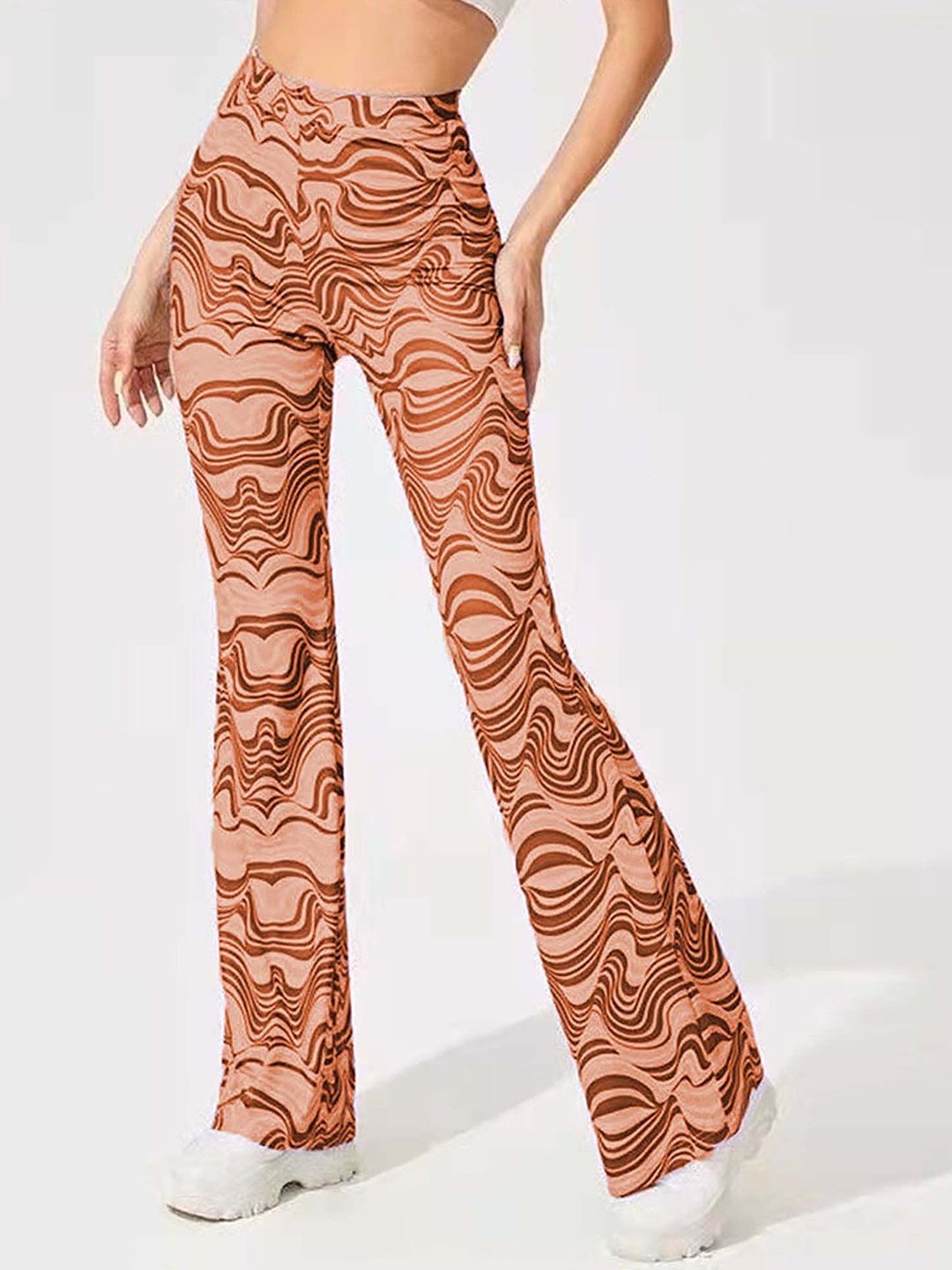 

LULU & SKY Women Abstract Printed Flared High-Rise Trousers, Orange