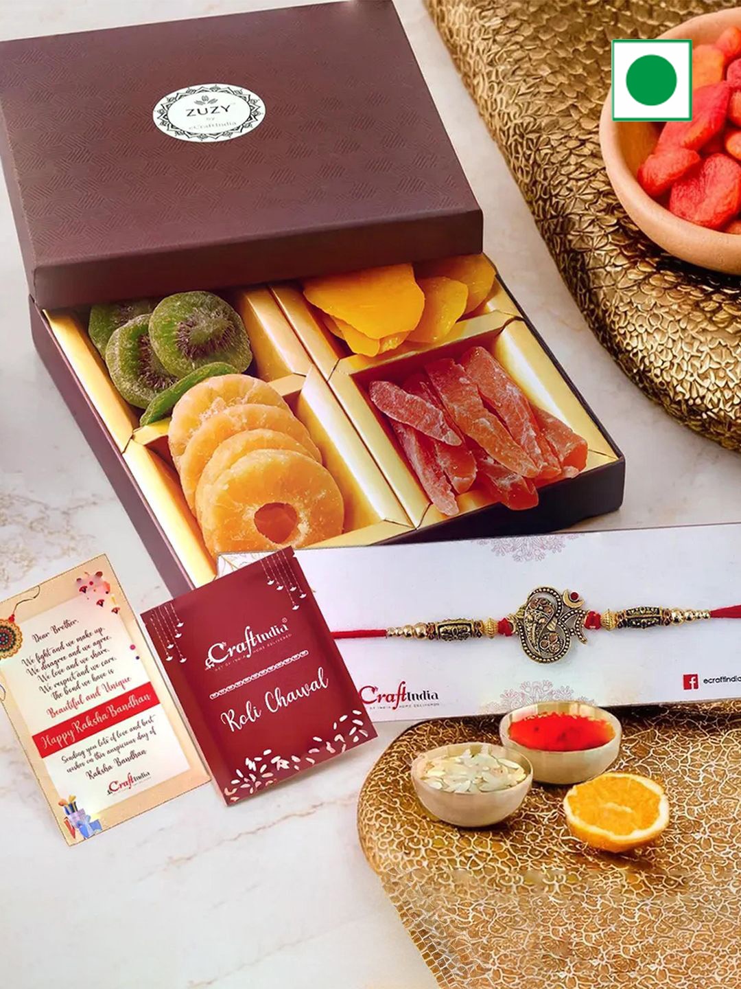 

eCraftIndia Beaded Rakhi with Dry Fruit Box And Roli Chawal, Gold