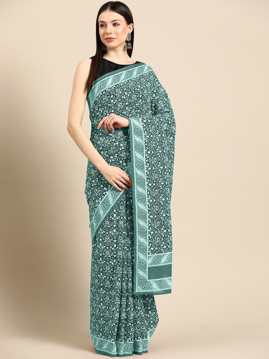 

BUTA BUTI Floral Pure Cotton Saree, Sea green