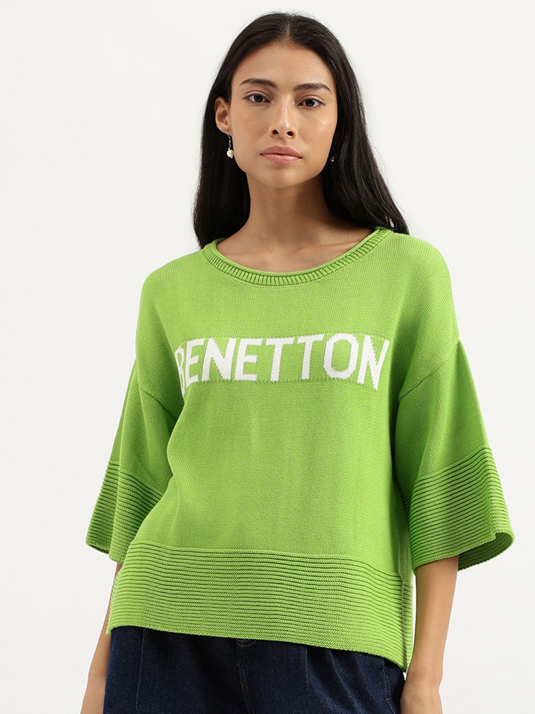 

United Colors of Benetton Print Bell Sleeve Cotton Top, Green