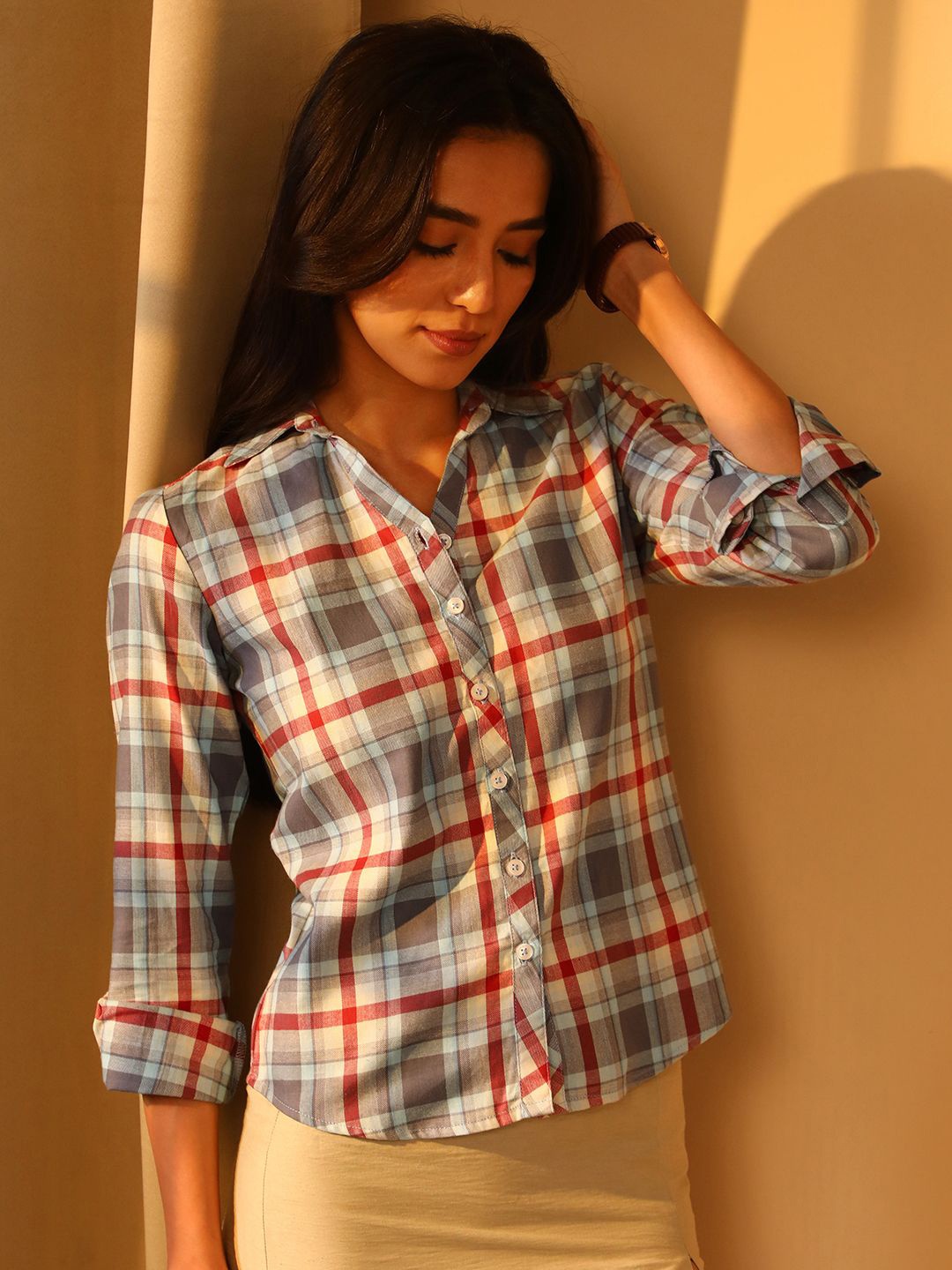 

PINACOLADA Women Relaxed Boxy Tartan Checks Opaque Checked Casual Shirt, Multi